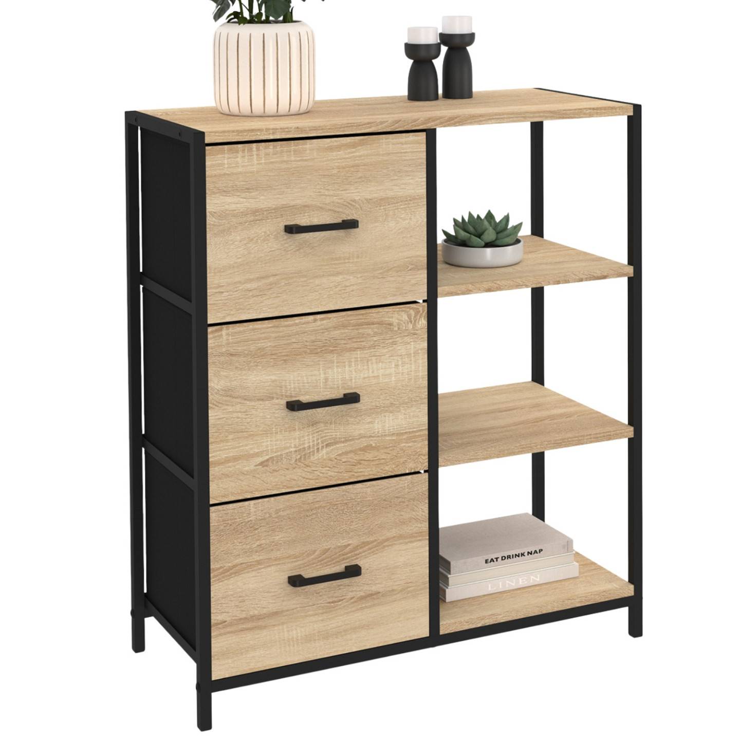 Buffet d'appoint 3 tiroirs et étagères 70 cm UTAH design industriel - Image 7