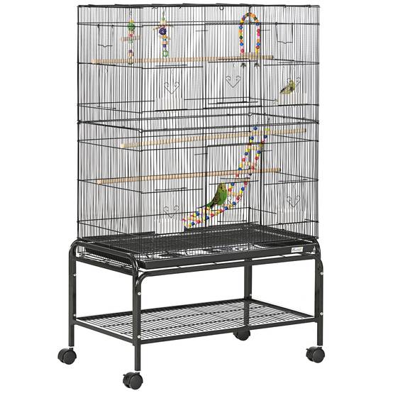 Cage oiseaux métal sur roulettes avec accessoires et plateau amovible 79x49x133cm noir - ComfortXL Outdoor Living - Image 1