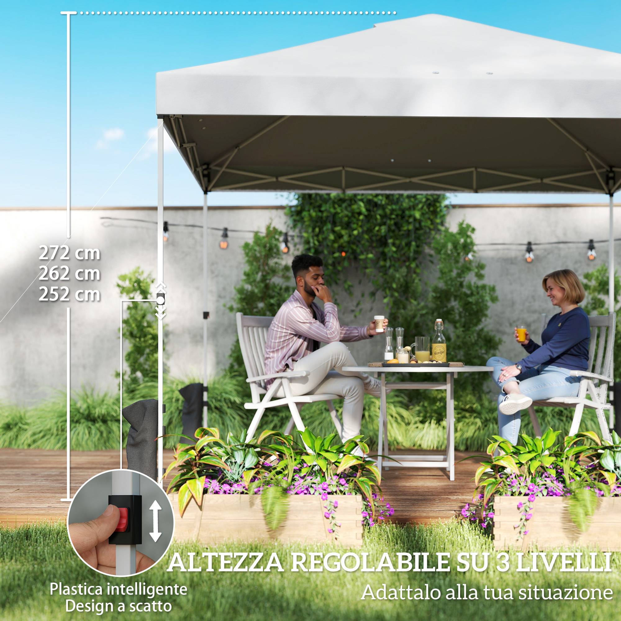 Tonnelle pliante 3x3 m avec poches de rangement et sacs de lestage, structure métal toile Oxford blanche, abri extérieur jardin - Image 10