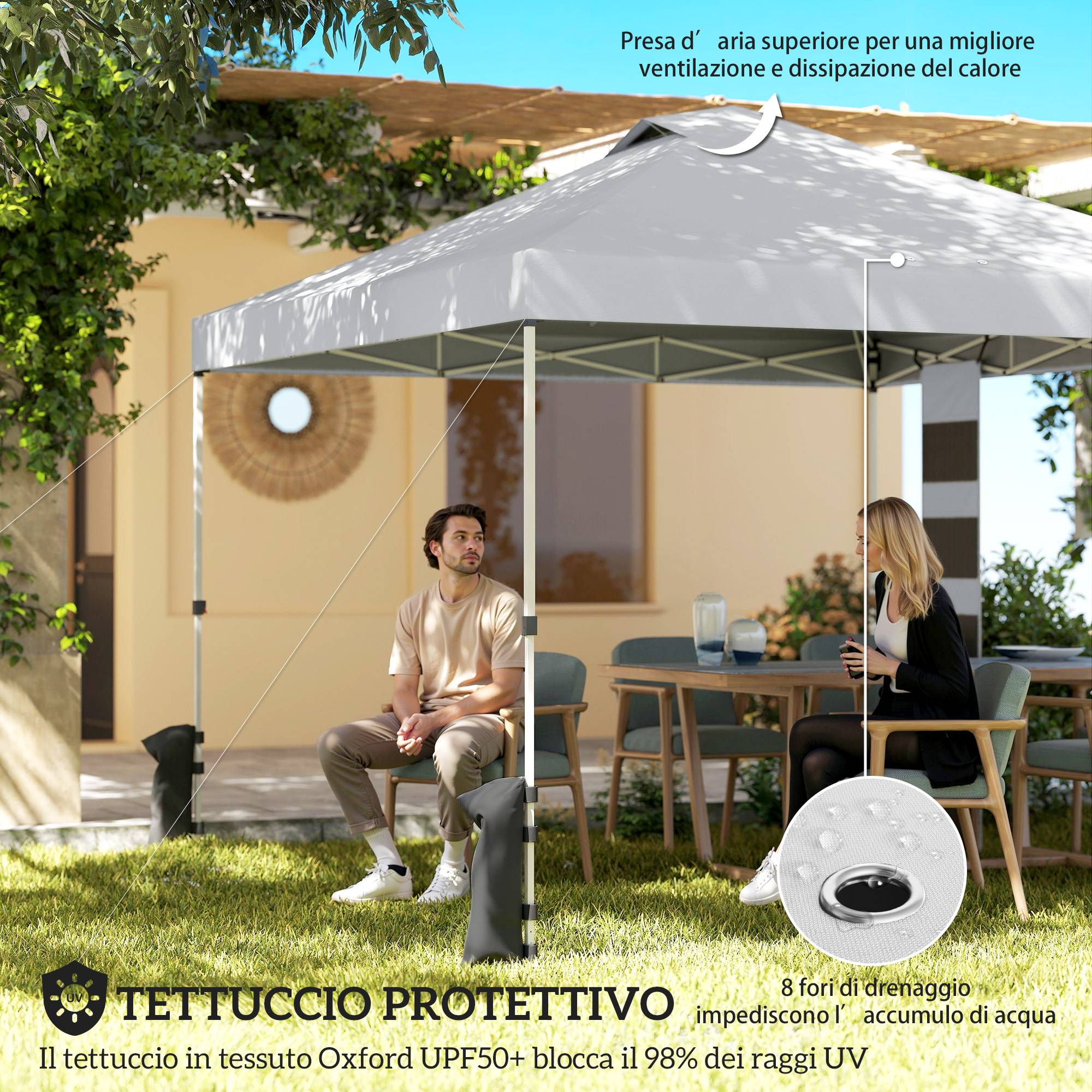 Tonnelle pliante 3x3 m avec poches de rangement et sacs de lestage, structure métal toile Oxford blanche, abri extérieur jardin - Image 6
