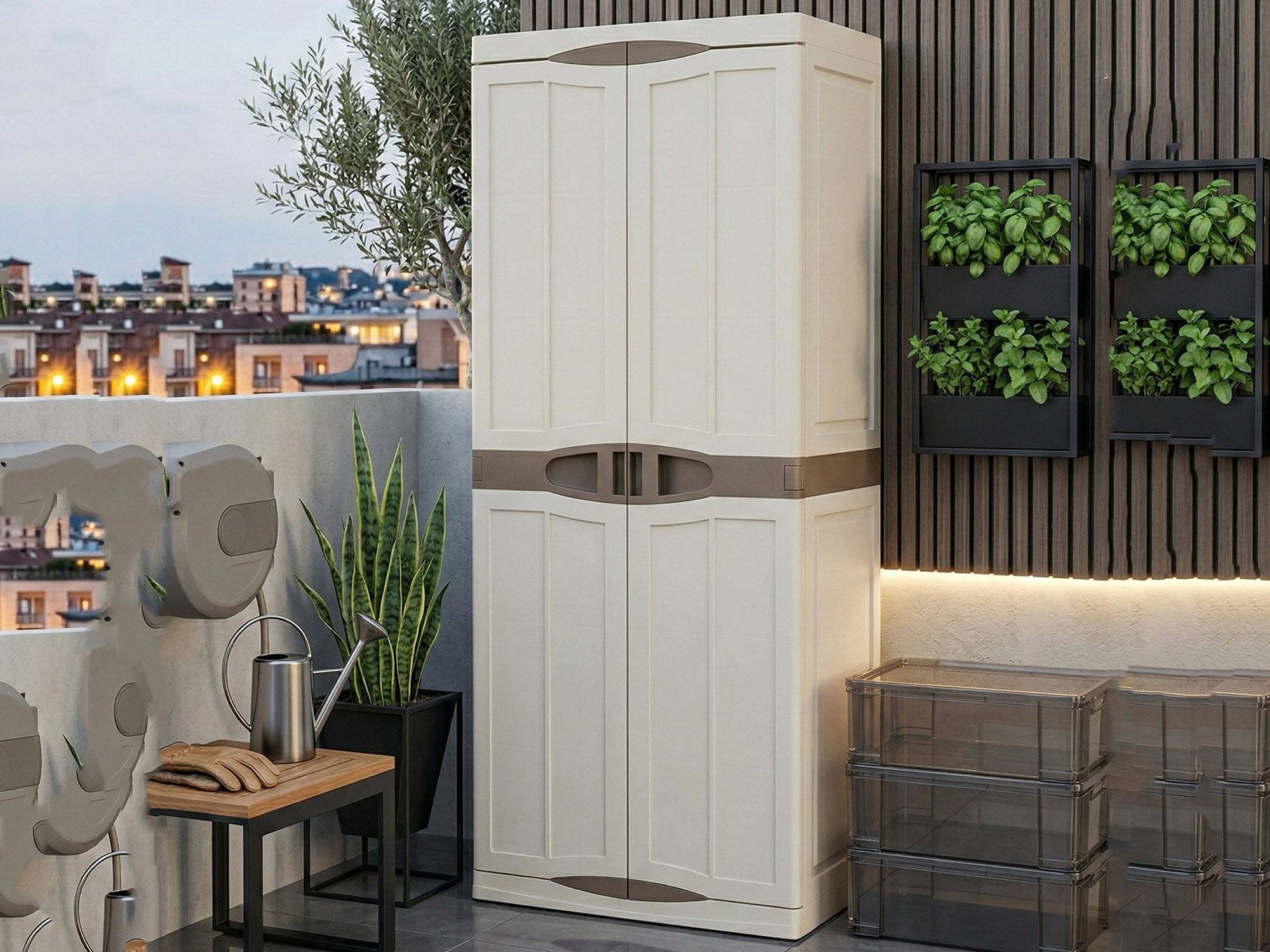 Dmora - Armoire d'extérieur Marchin, Armoire de balcon polyvalente, Armoire d'extérieur 2 portes, Beige et Marron, Finition élégante, 70x47h179 cm - Dmora - Image 6