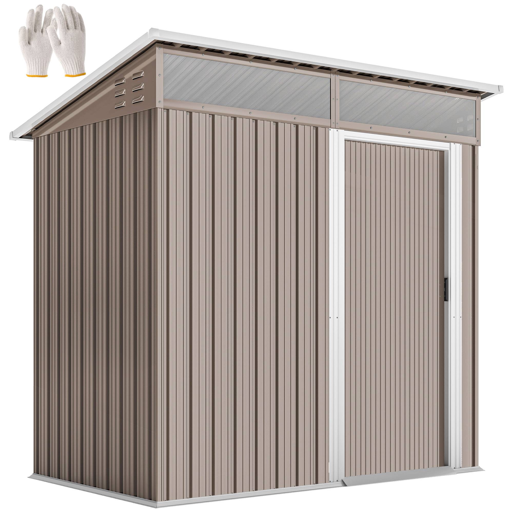 Abri de jardin en métal avec porte coulissante, fenêtres et ventilation pour le rangement extérieur 195 x 122 x 159/182 cm Marron - Image 1