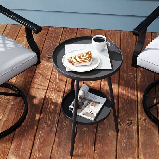 Table de jardin ronde 2 niveaux avec bords surélevés et plateau inférieur, extérieur intérieur Ø32x51 cm noir - Image 9