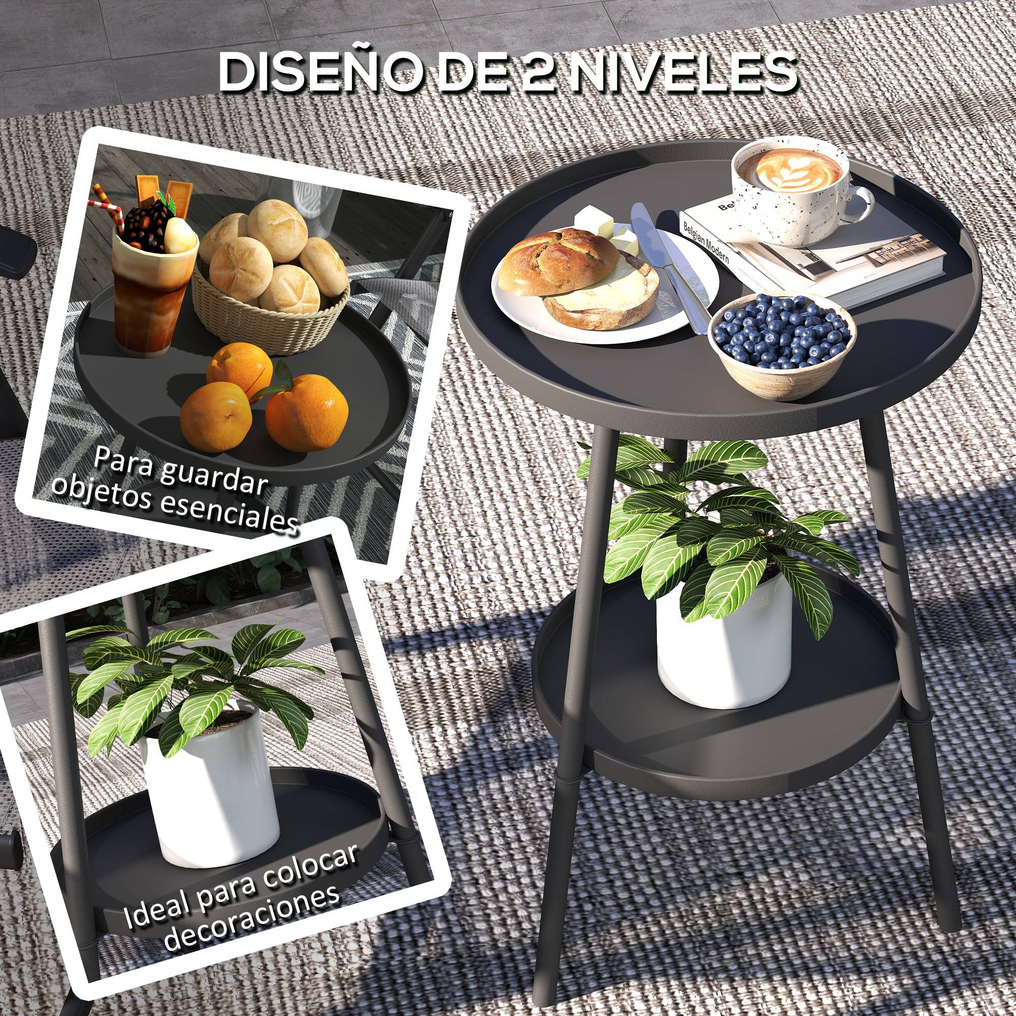 Table de jardin ronde 2 niveaux avec bords surélevés et plateau inférieur, extérieur intérieur Ø32x51 cm noir - Image 6
