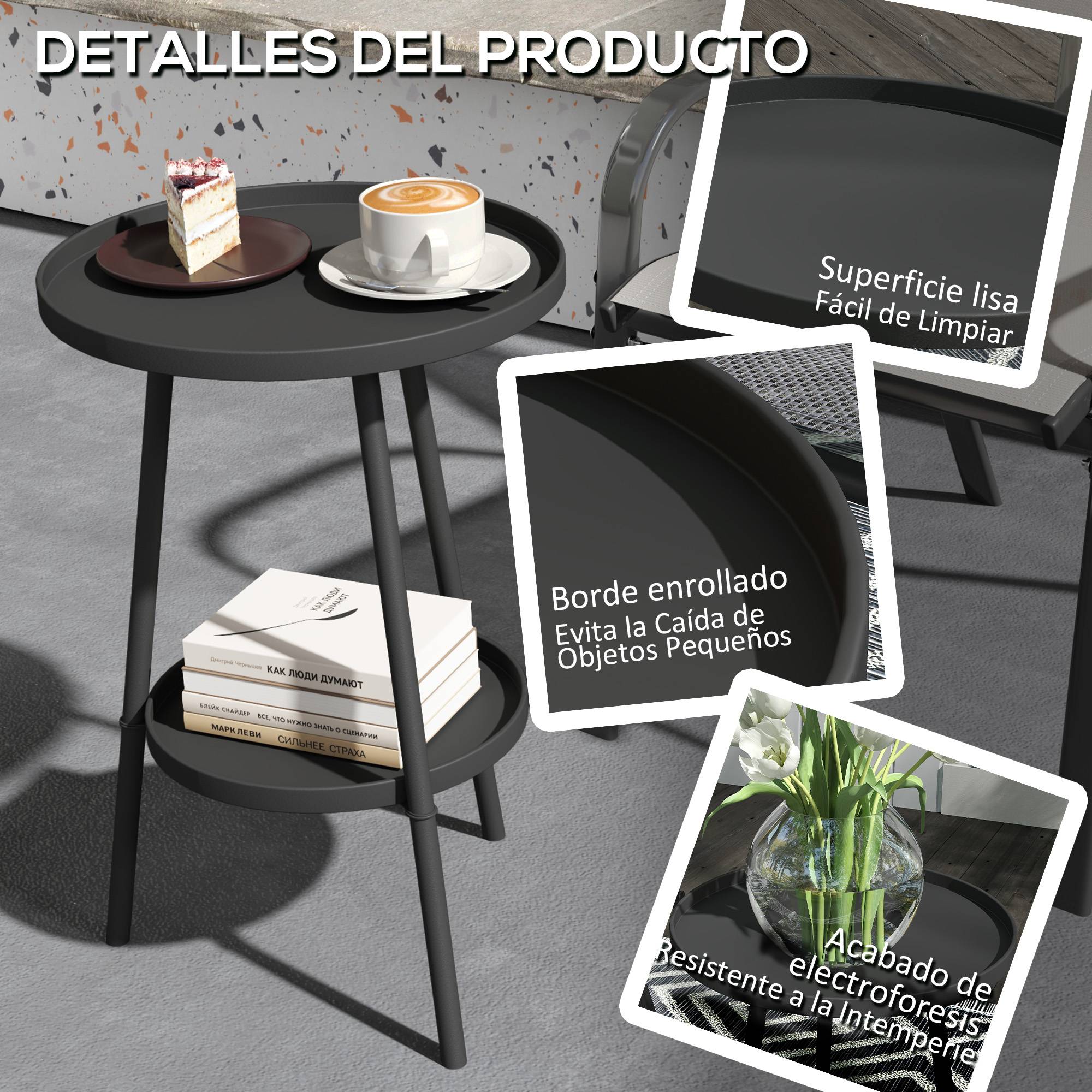 Table de jardin ronde 2 niveaux avec bords surélevés et plateau inférieur, extérieur intérieur Ø32x51 cm noir - Image 7