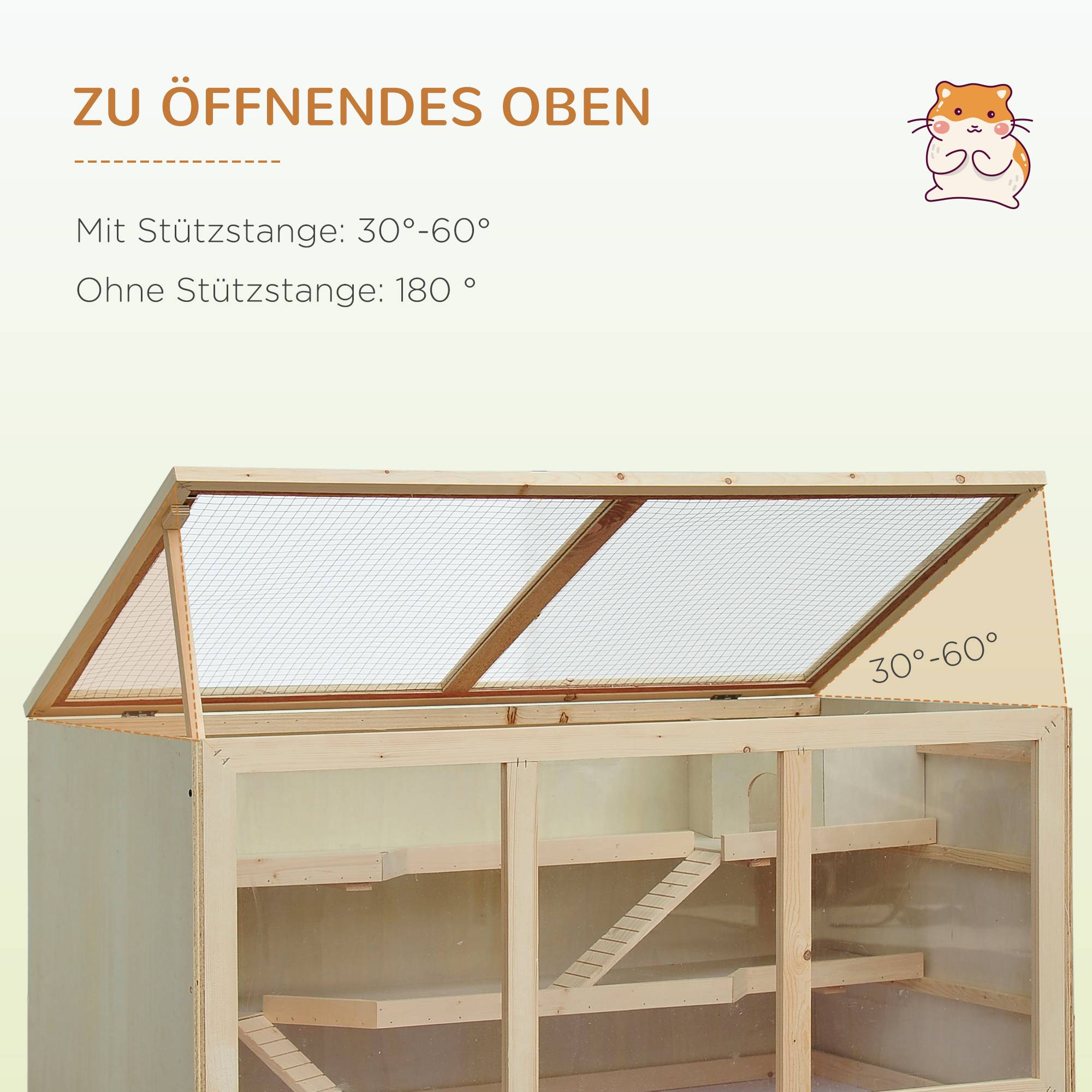 Cage hamster bois 3 étages, bac lavable, couvercle rabattable, escalier, hamster nain, 115x57x55cm, bois naturel - Image 8