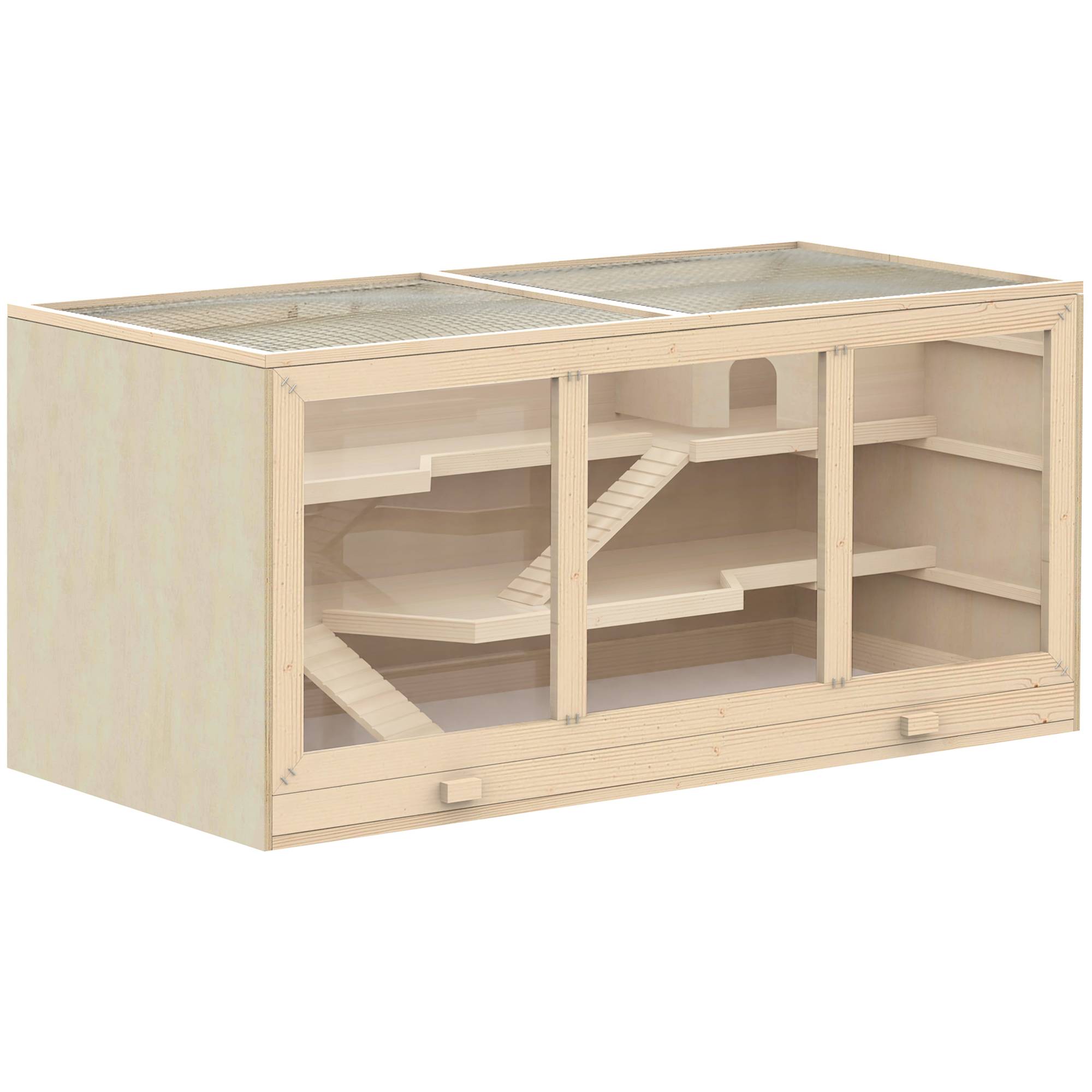Cage hamster bois 3 étages, bac lavable, couvercle rabattable, escalier, hamster nain, 115x57x55cm, bois naturel - Image 1