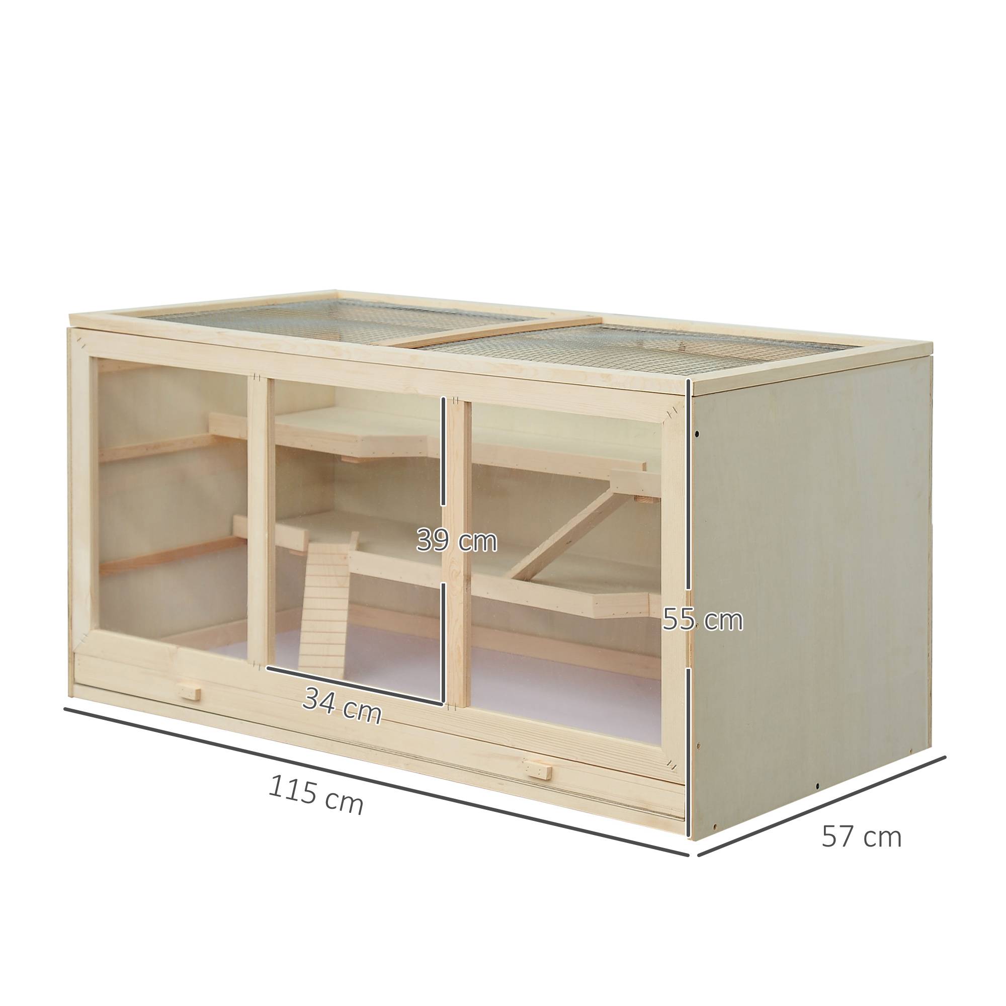 Cage hamster bois 3 étages, bac lavable, couvercle rabattable, escalier, hamster nain, 115x57x55cm, bois naturel - Image 5