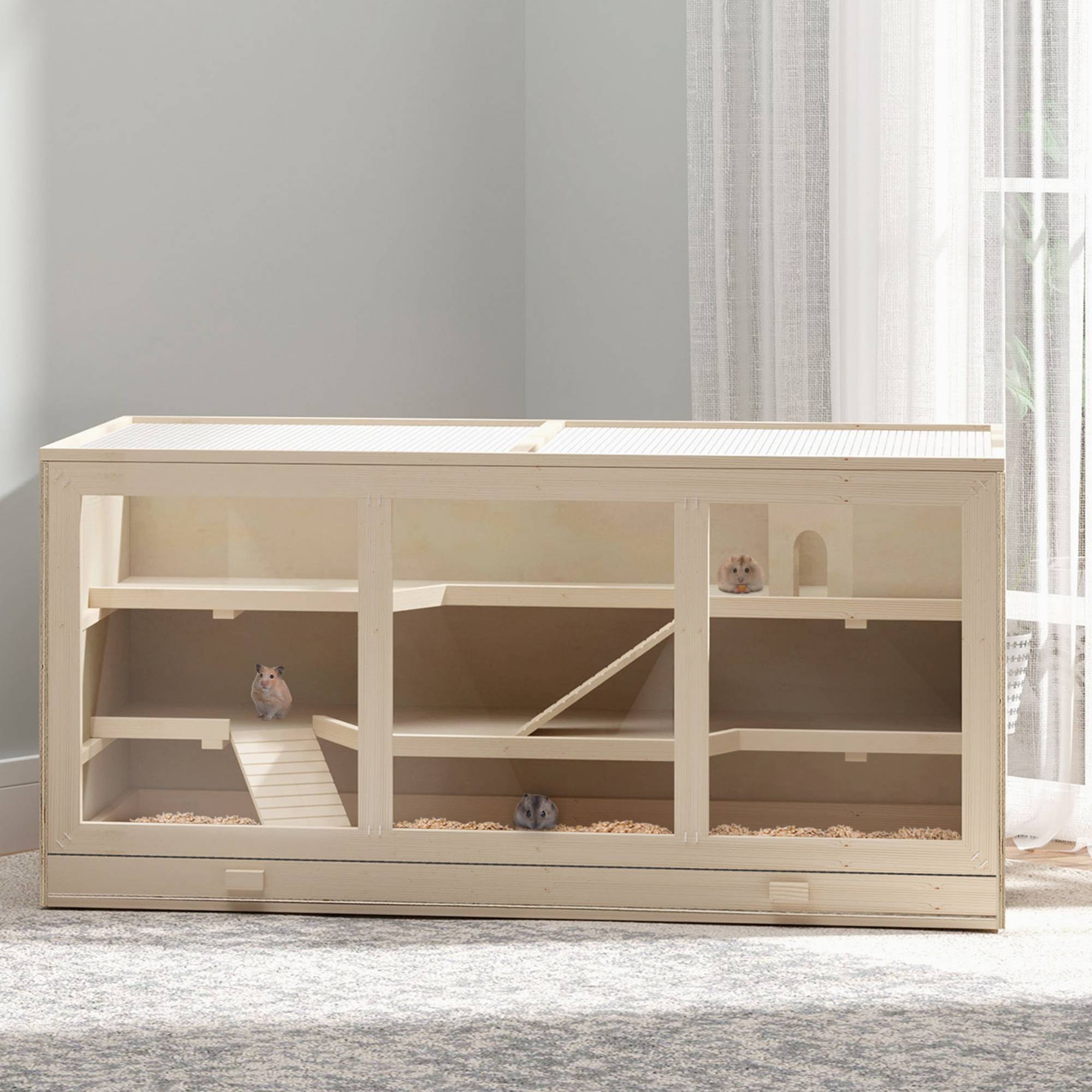 Cage hamster bois 3 étages, bac lavable, couvercle rabattable, escalier, hamster nain, 115x57x55cm, bois naturel - Image 4