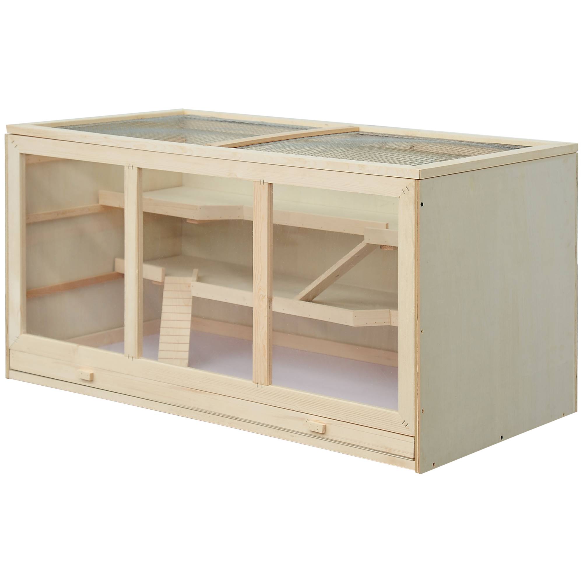 Cage hamster bois 3 étages, bac lavable, couvercle rabattable, escalier, hamster nain, 115x57x55cm, bois naturel - Image 2