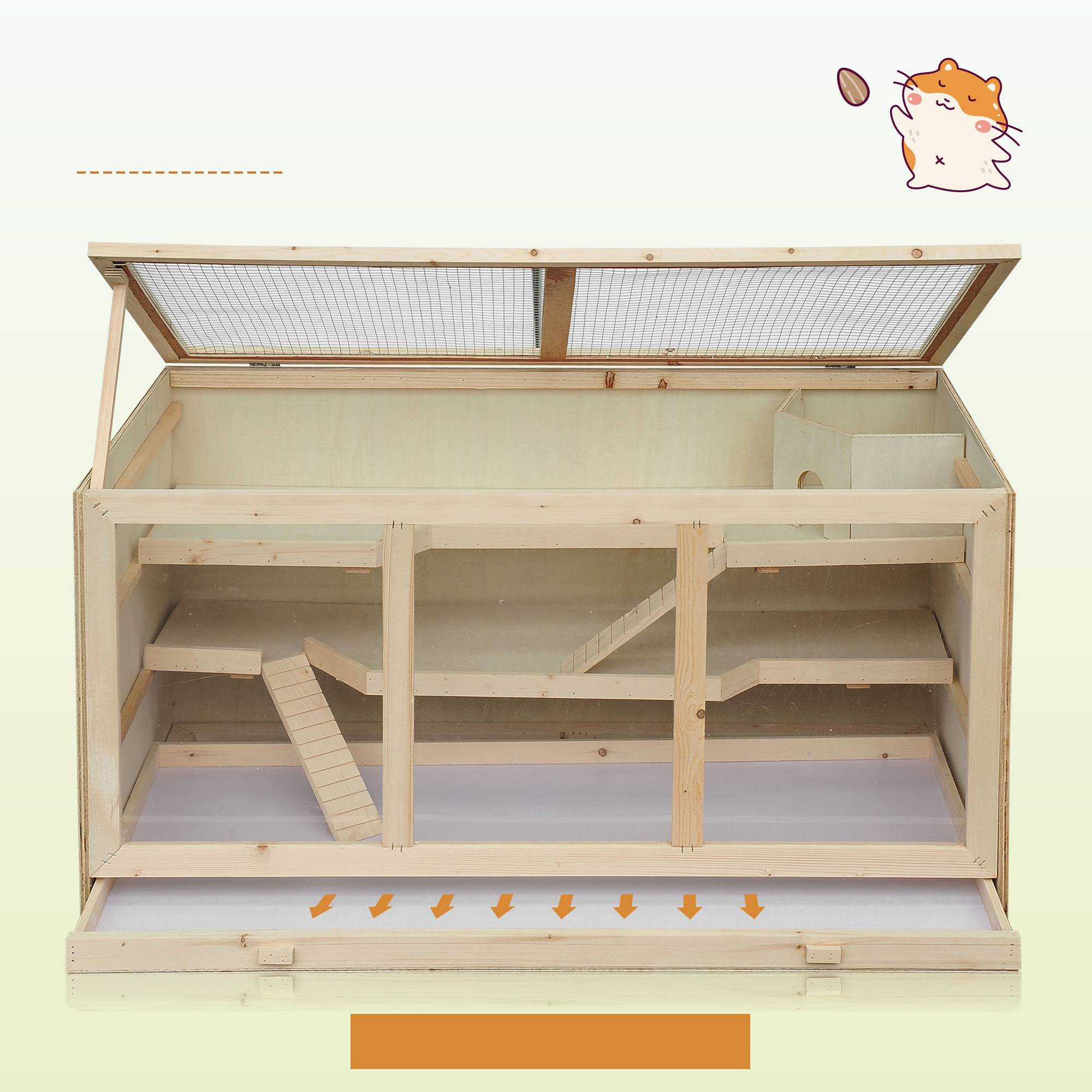 Cage hamster bois 3 étages, bac lavable, couvercle rabattable, escalier, hamster nain, 115x57x55cm, bois naturel - Image 9