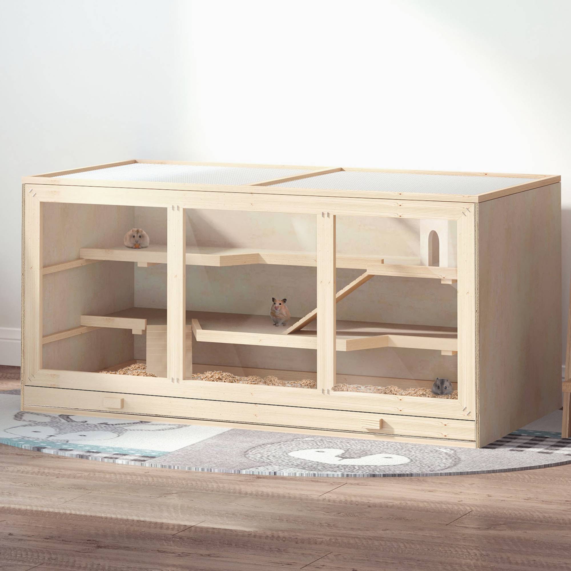 Cage hamster bois 3 étages, bac lavable, couvercle rabattable, escalier, hamster nain, 115x57x55cm, bois naturel - Image 3