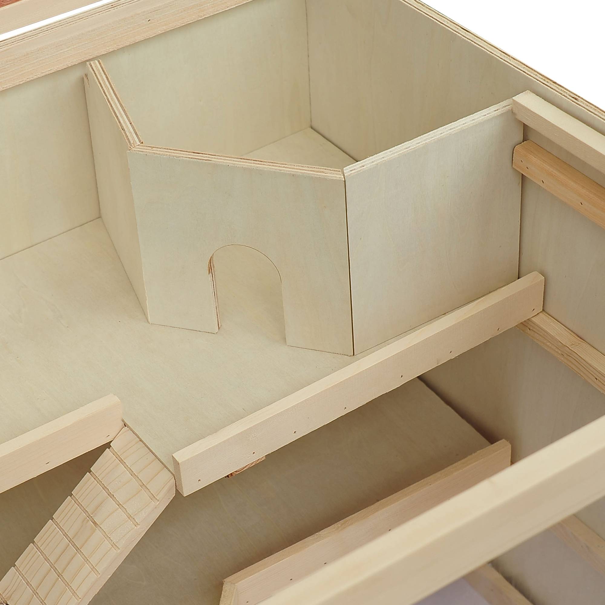Cage hamster bois 3 étages, bac lavable, couvercle rabattable, escalier, hamster nain, 115x57x55cm, bois naturel - Image 10