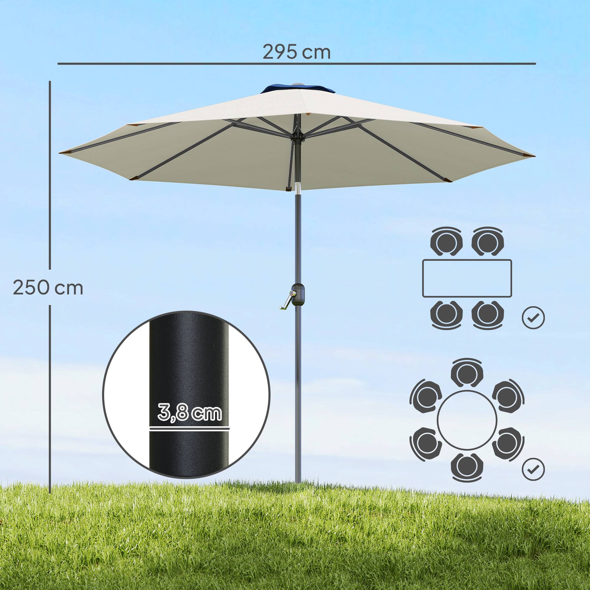 Parasol jardin Ø295x250 cm, manivelle, inclinable, mât métallique amovible, terrasse piscine patio, gris clair - Image 5