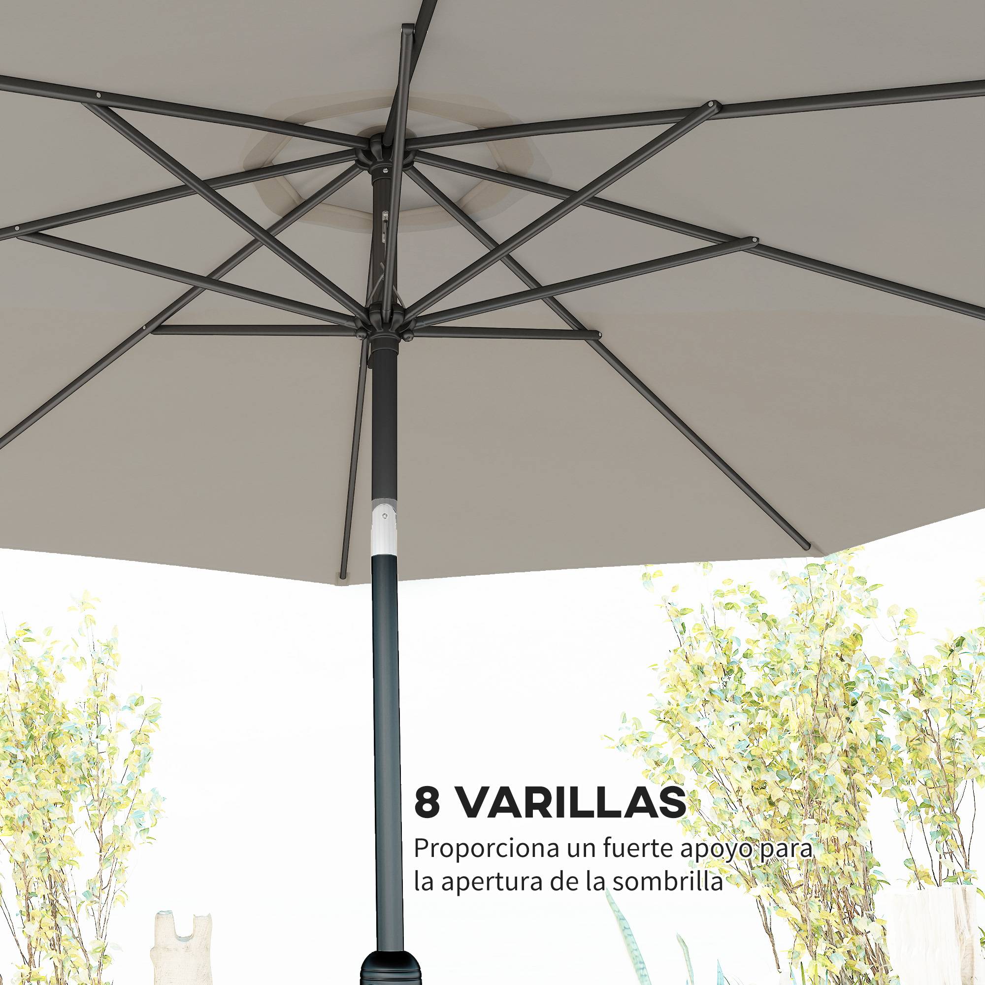 Parasol jardin Ø295x250 cm, manivelle, inclinable, mât métallique amovible, terrasse piscine patio, gris clair - Image 9