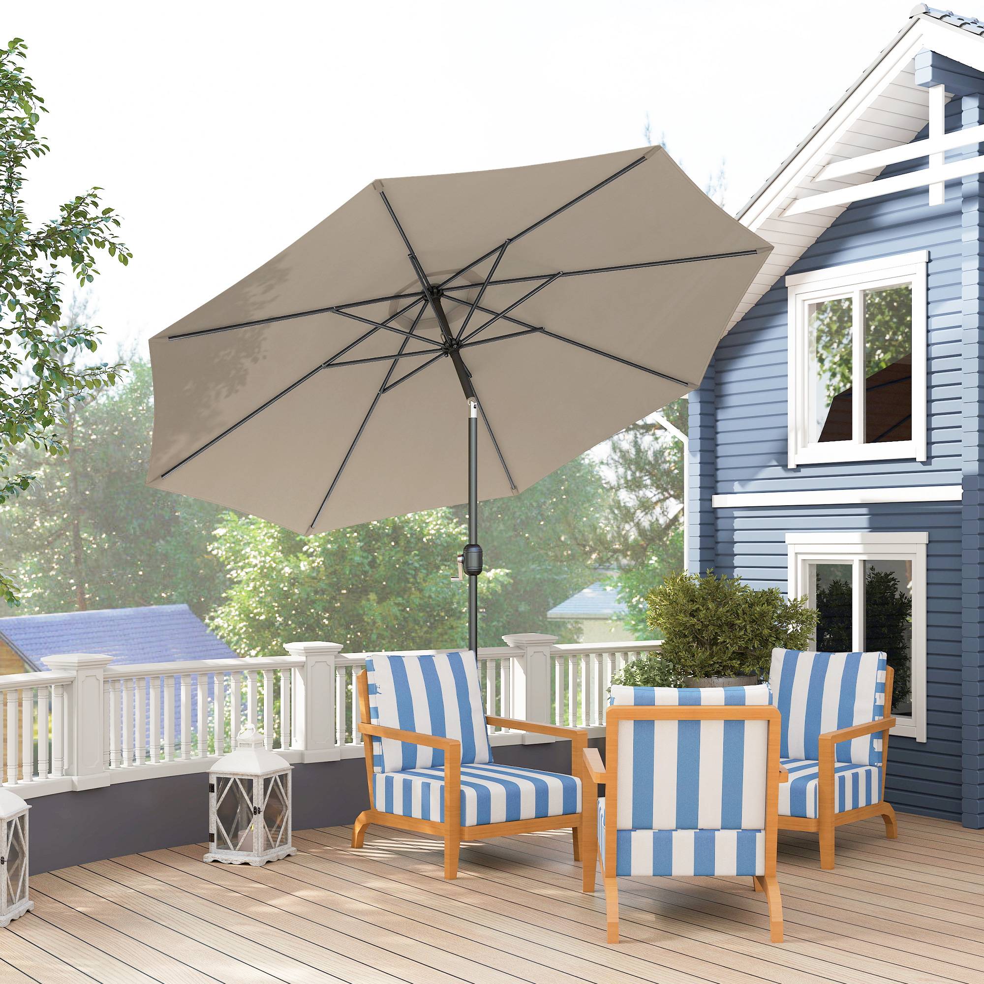 Parasol jardin Ø295x250 cm, manivelle, inclinable, mât métallique amovible, terrasse piscine patio, gris clair - Image 4