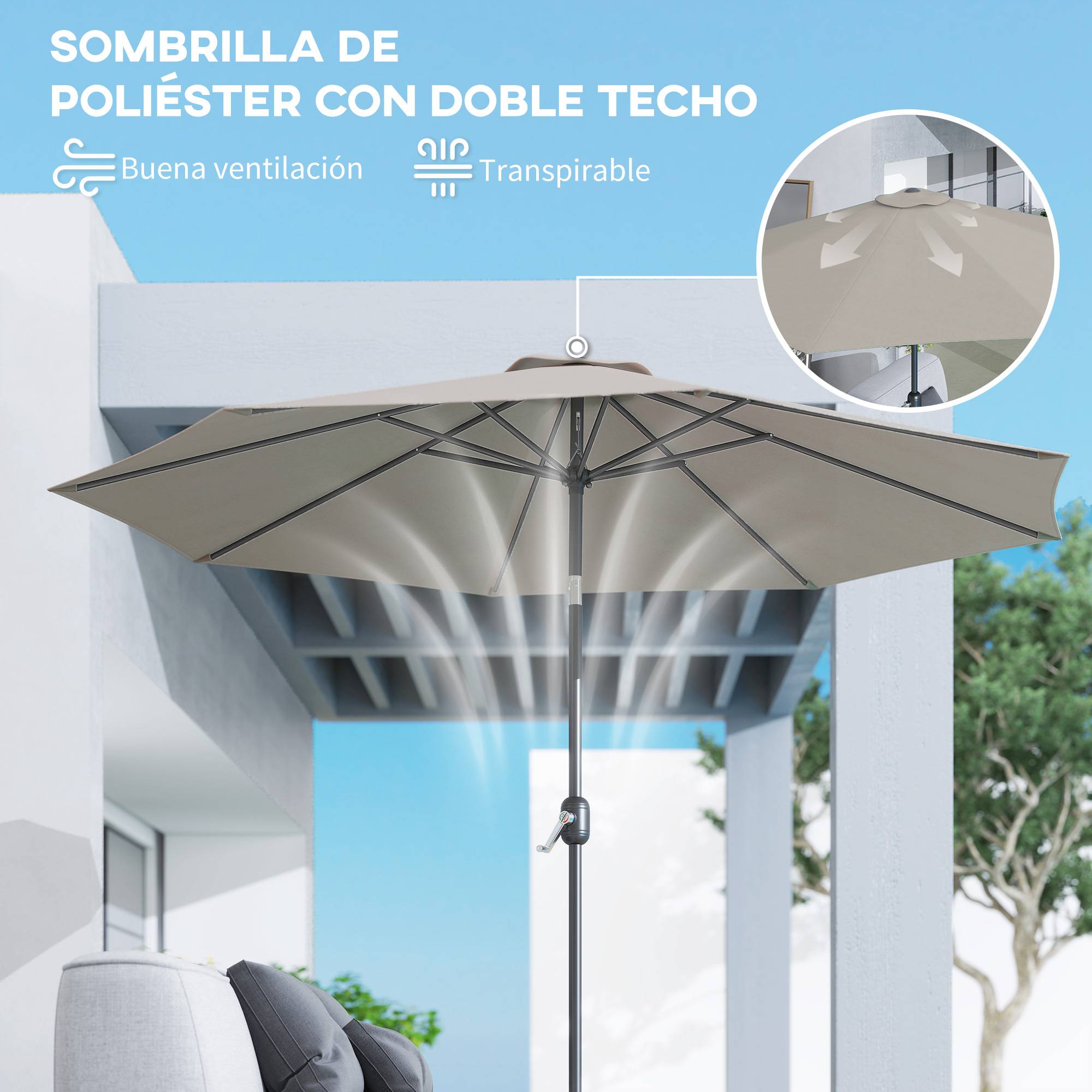 Parasol jardin Ø295x250 cm, manivelle, inclinable, mât métallique amovible, terrasse piscine patio, gris clair - Image 10