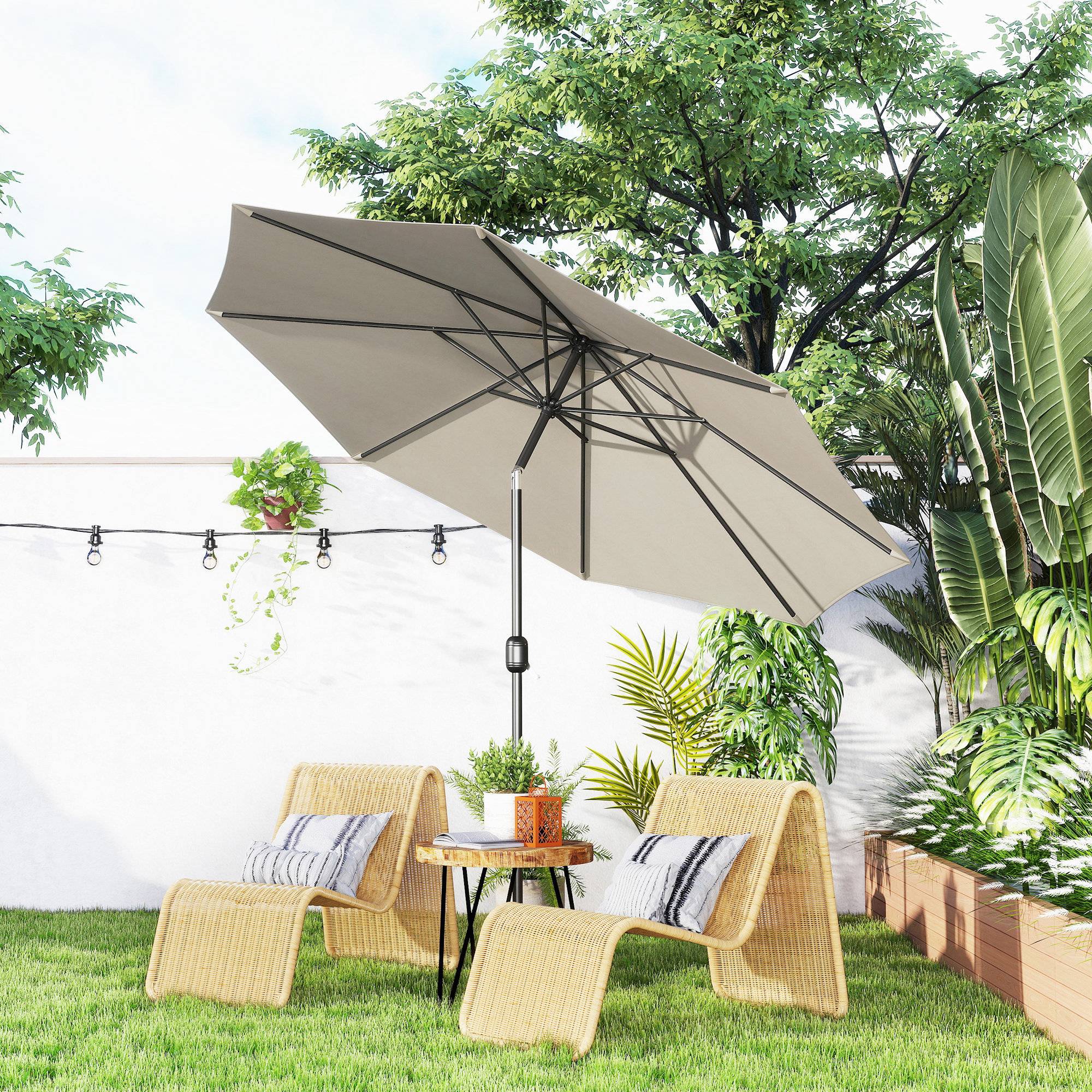 Parasol jardin Ø295x250 cm, manivelle, inclinable, mât métallique amovible, terrasse piscine patio, gris clair - Image 3