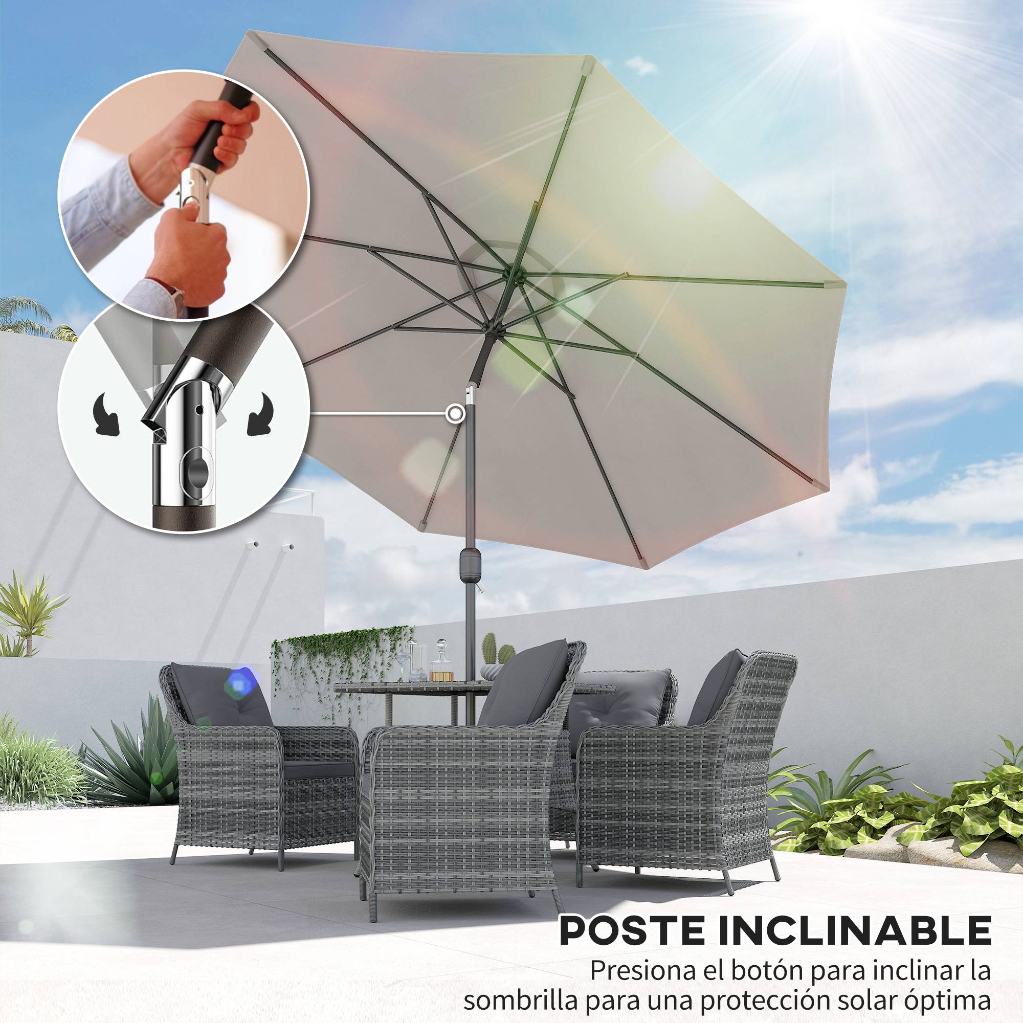 Parasol jardin Ø295x250 cm, manivelle, inclinable, mât métallique amovible, terrasse piscine patio, gris clair - Image 6