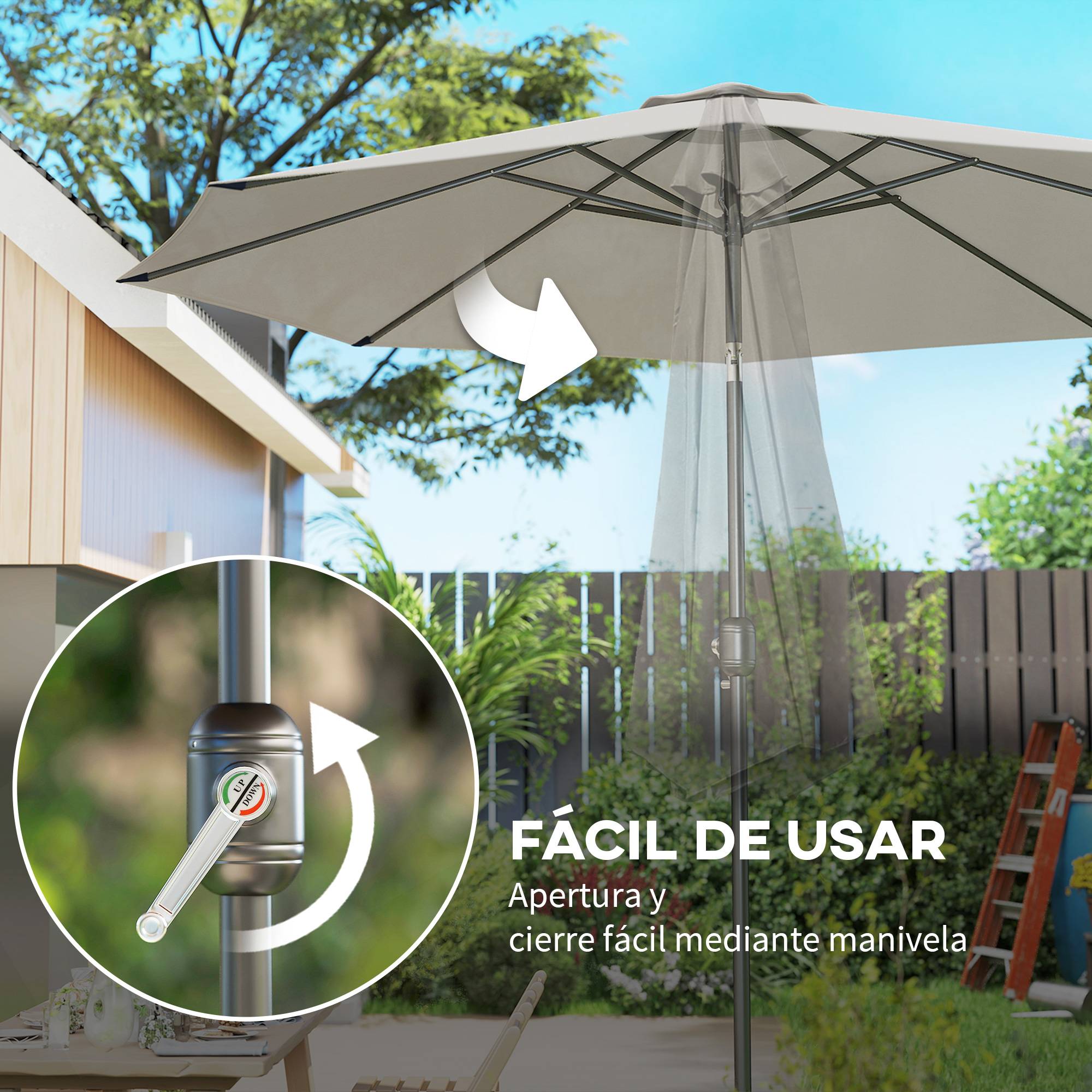 Parasol jardin Ø295x250 cm, manivelle, inclinable, mât métallique amovible, terrasse piscine patio, gris clair - Image 7