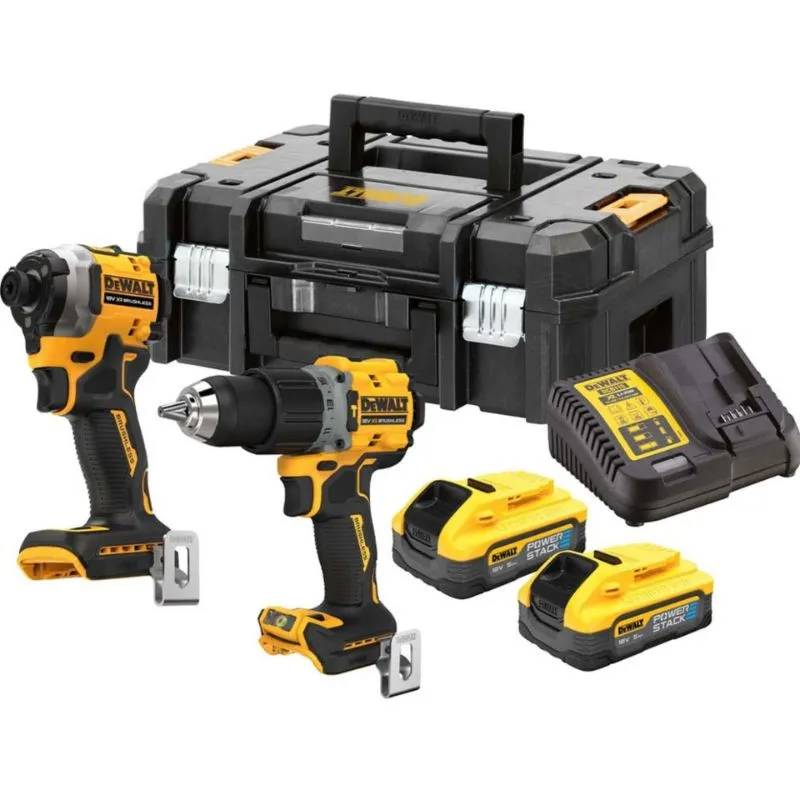 Kit 2 outils DEWALT 2 batteries 18V 5Ah POWERSTACK Perceuse à percussion DCD805 + Visseuse à chocs DCF850 - DCK2050H2T-QW - Image 1