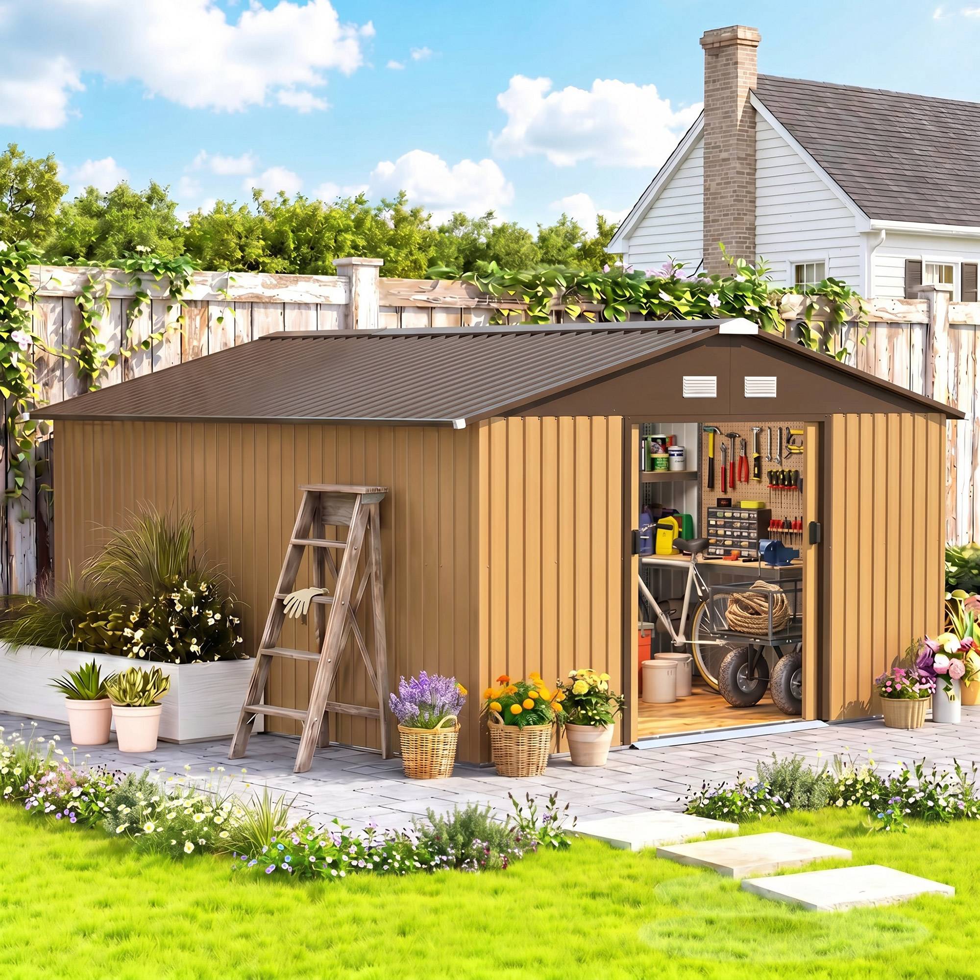 Abri de jardin étanche pour outils de jardin, avec fenêtres d'aération, portes coulissantes, en acier, jaune - Image 3