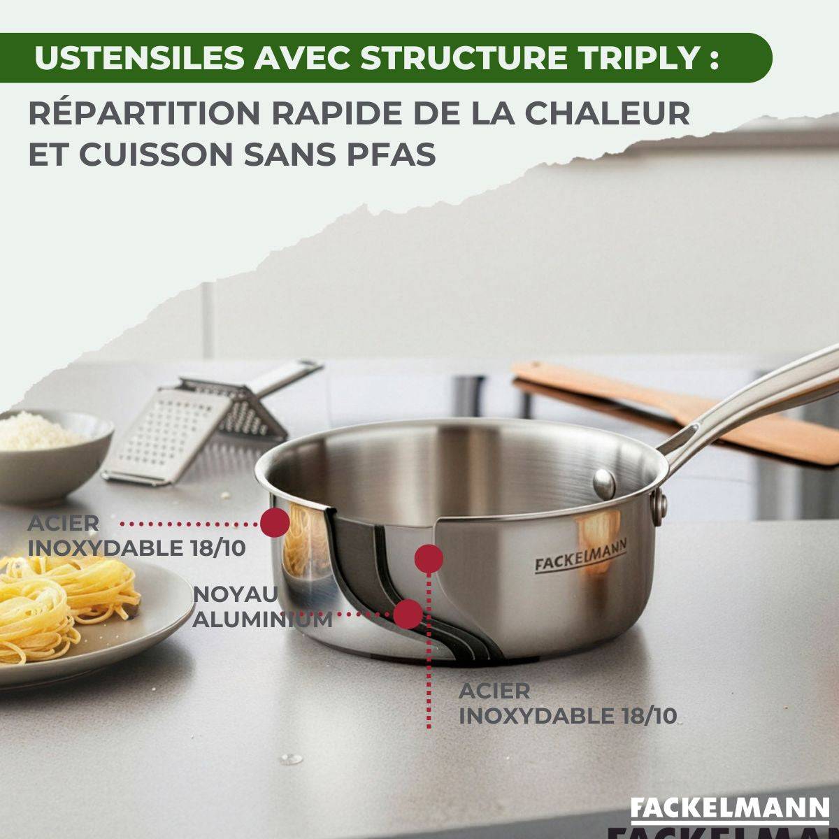 Batterie de cuisine avec 1 poêle de cuisson 26 cm et 2 casseroles 14/18 cm en inox sans PFAS Fackelmann Vita3 - Image 5