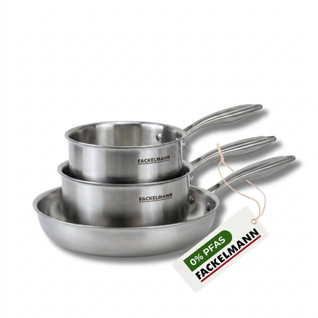 Batterie de cuisine avec 1 poêle de cuisson 26 cm et 2 casseroles 14/18 cm en inox sans PFAS Fackelmann Vita3 - Image 1