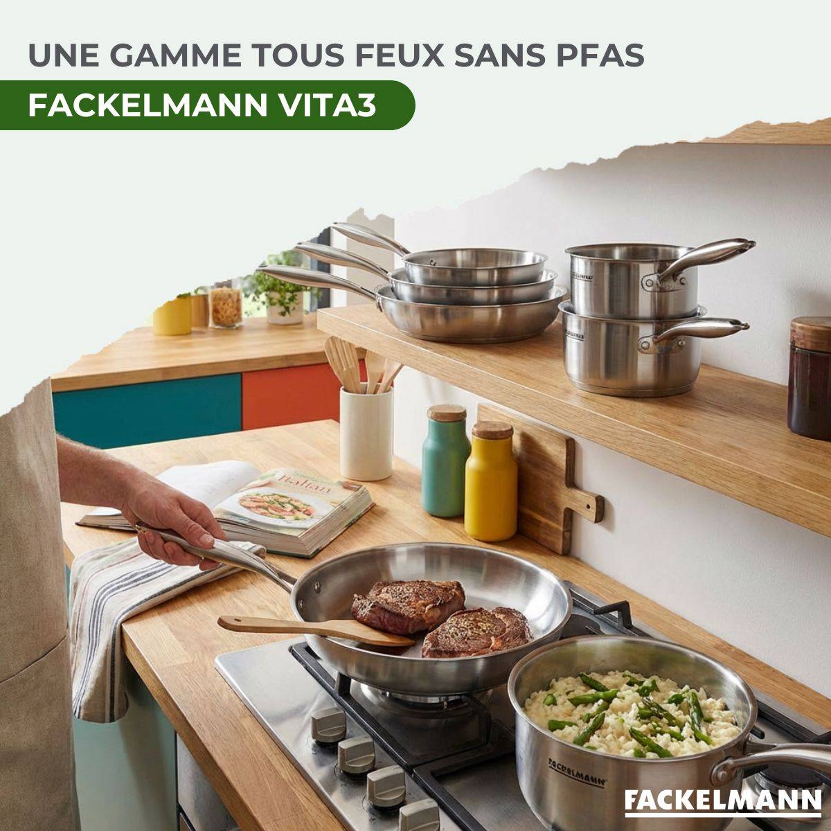 Batterie de cuisine avec 1 poêle de cuisson 26 cm et 2 casseroles 14/18 cm en inox sans PFAS Fackelmann Vita3 - Image 2