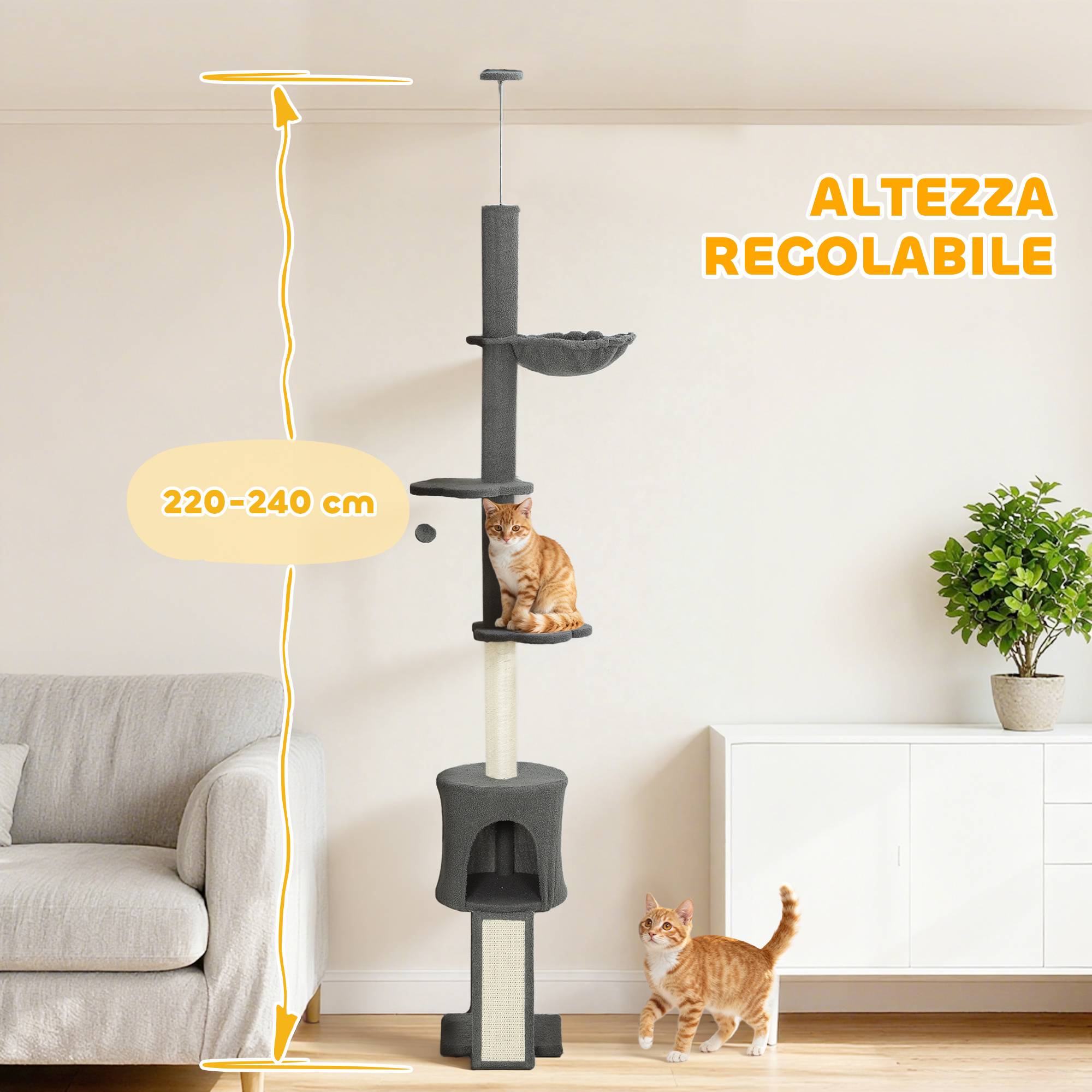 Arbre à chat pour plafond de 220 à 240 cm de haut, avec hamac, maisonnette, plateformes fleuries et poteaux en sisal, gris - Image 4