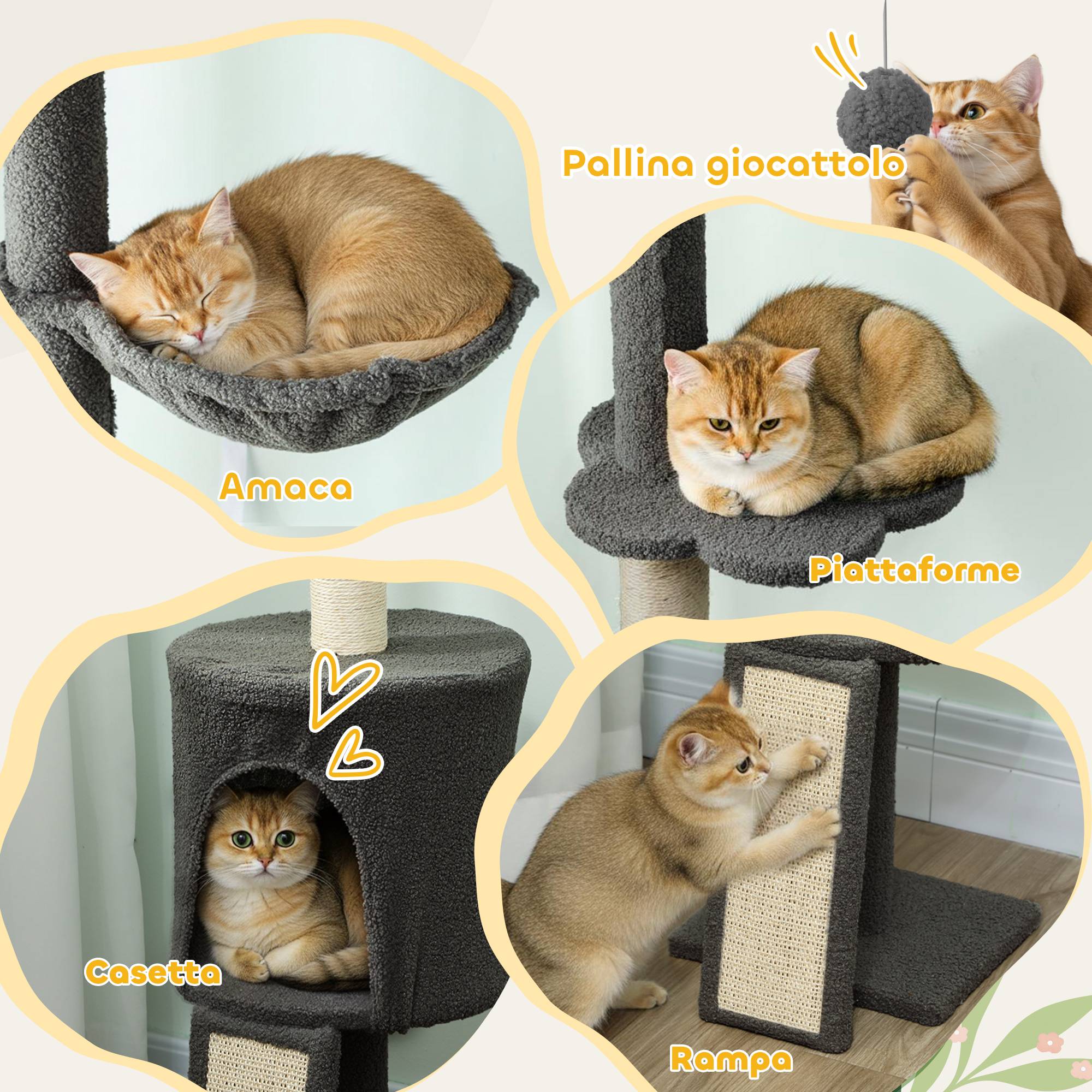Arbre à chat pour plafond de 220 à 240 cm de haut, avec hamac, maisonnette, plateformes fleuries et poteaux en sisal, gris - Image 5