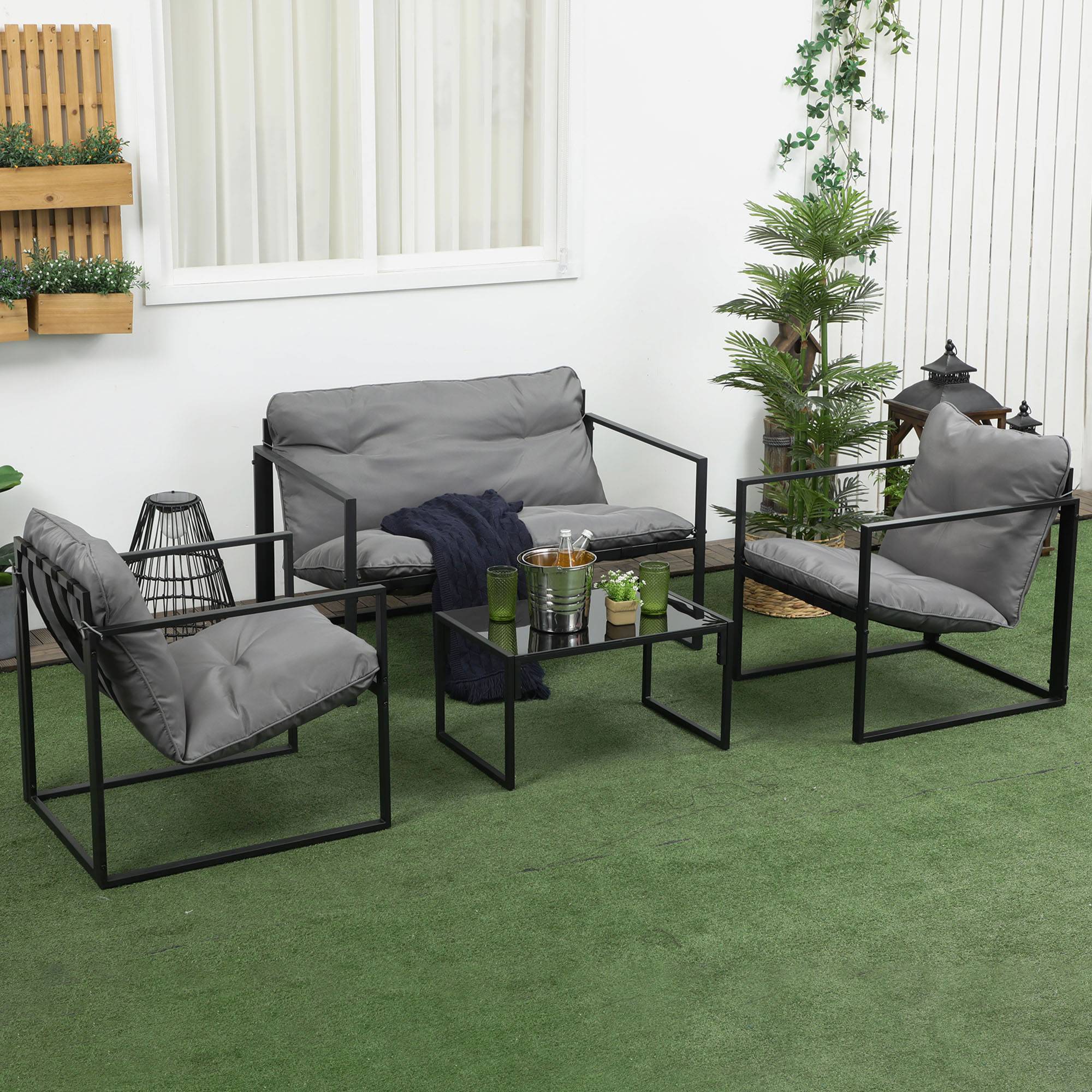 Salon de jardin 4 pièces 4 personnes avec canapé 2 places, 2 fauteuils et 1 table basse gris - Image 3