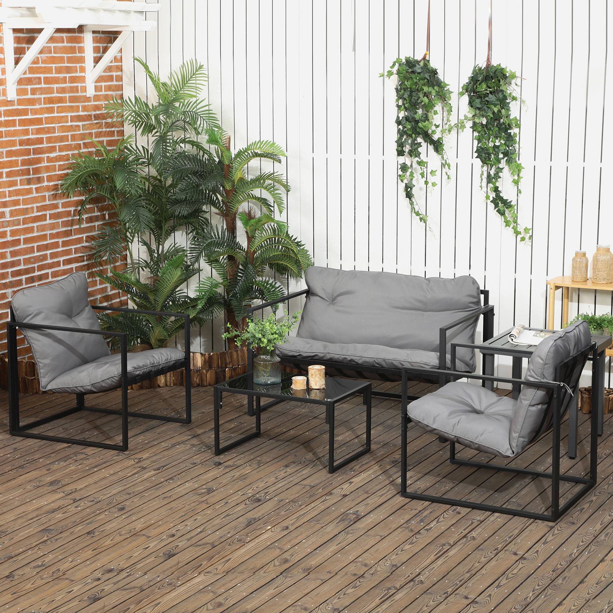 Salon de jardin 4 pièces 4 personnes avec canapé 2 places, 2 fauteuils et 1 table basse gris - Image 4