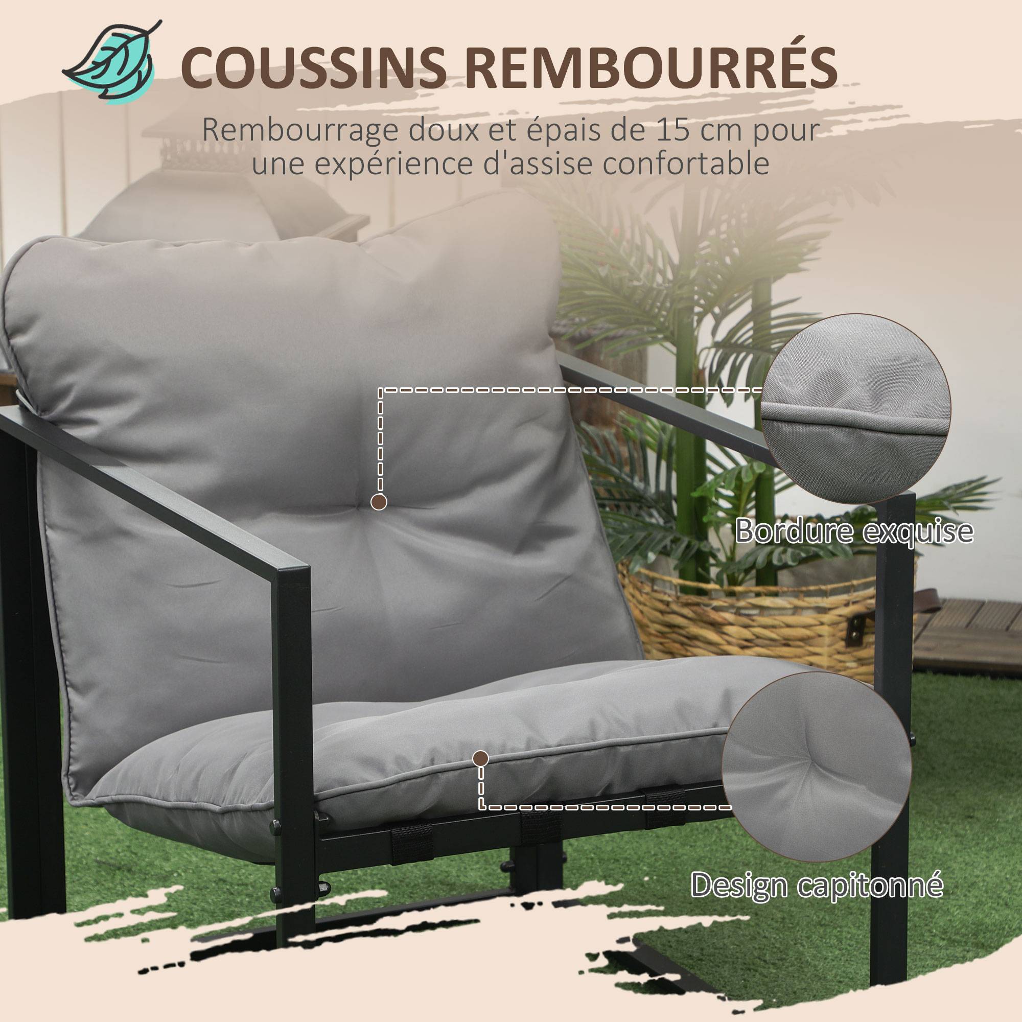 Salon de jardin 4 pièces 4 personnes avec canapé 2 places, 2 fauteuils et 1 table basse gris - Image 6