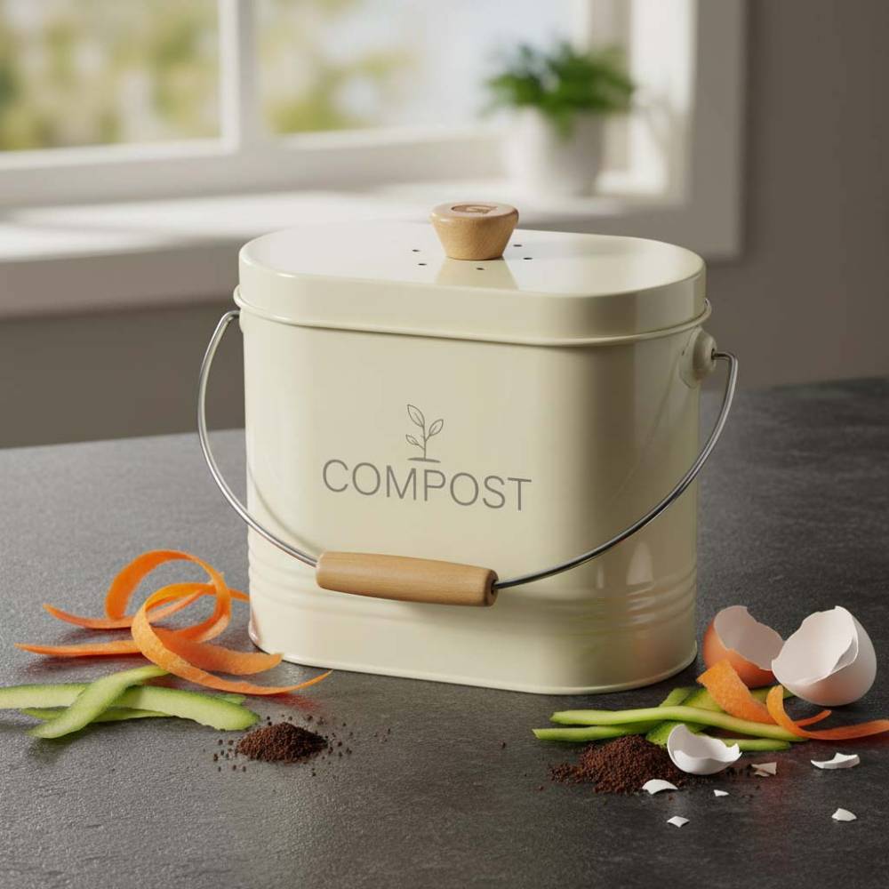 Guillouard - Composteur de cuisine ovale en métal avec filtre Crème - 7 litres - Image 2