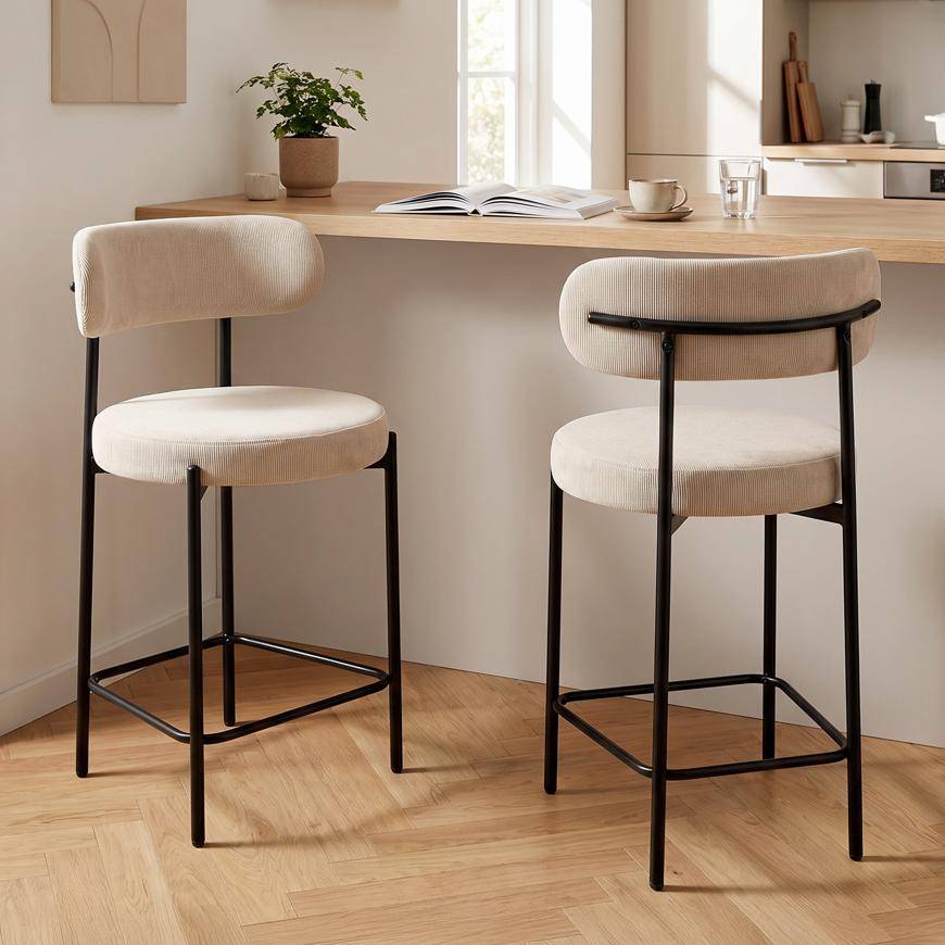 Sicaan Lot de 2 tabourets de bar H65 cm rembourrés velours côtelé beige et pieds métal noir IRIS - Image 1