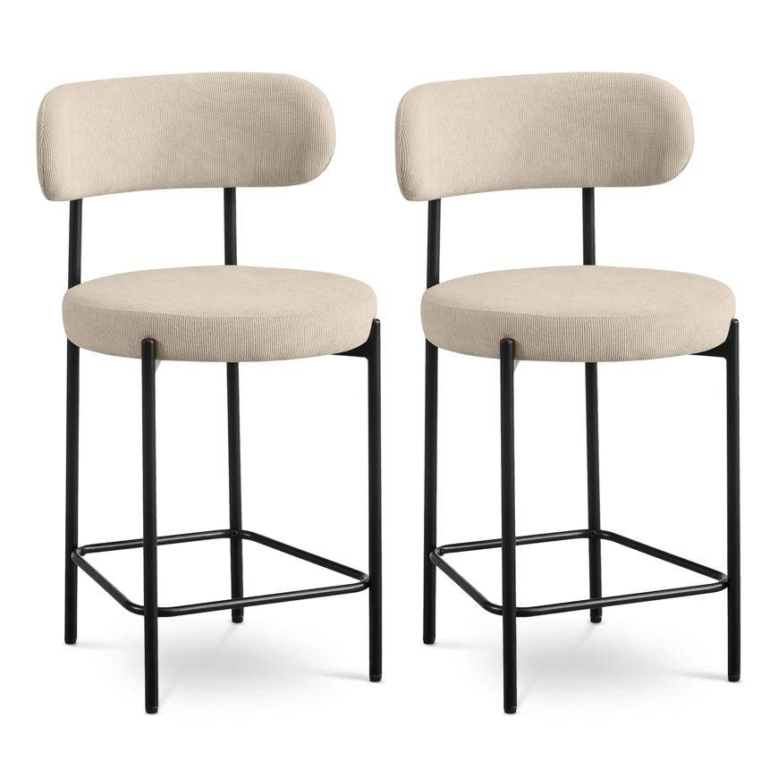 Sicaan Lot de 2 tabourets de bar H65 cm rembourrés velours côtelé beige et pieds métal noir IRIS - Image 3