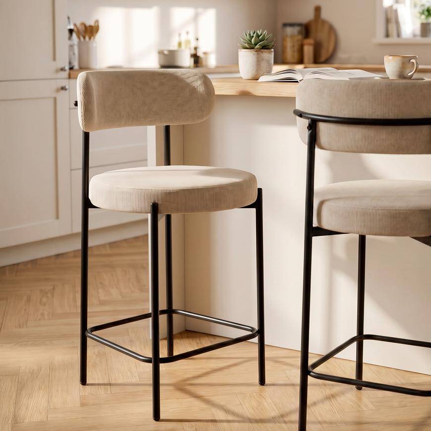 Sicaan Lot de 2 tabourets de bar H65 cm rembourrés velours côtelé beige et pieds métal noir IRIS - Image 5