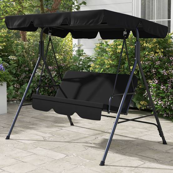 Balançoire Hollywood 3 places avec auvent réglable, en acier, pour jardin et terrasse, noire - Image 2