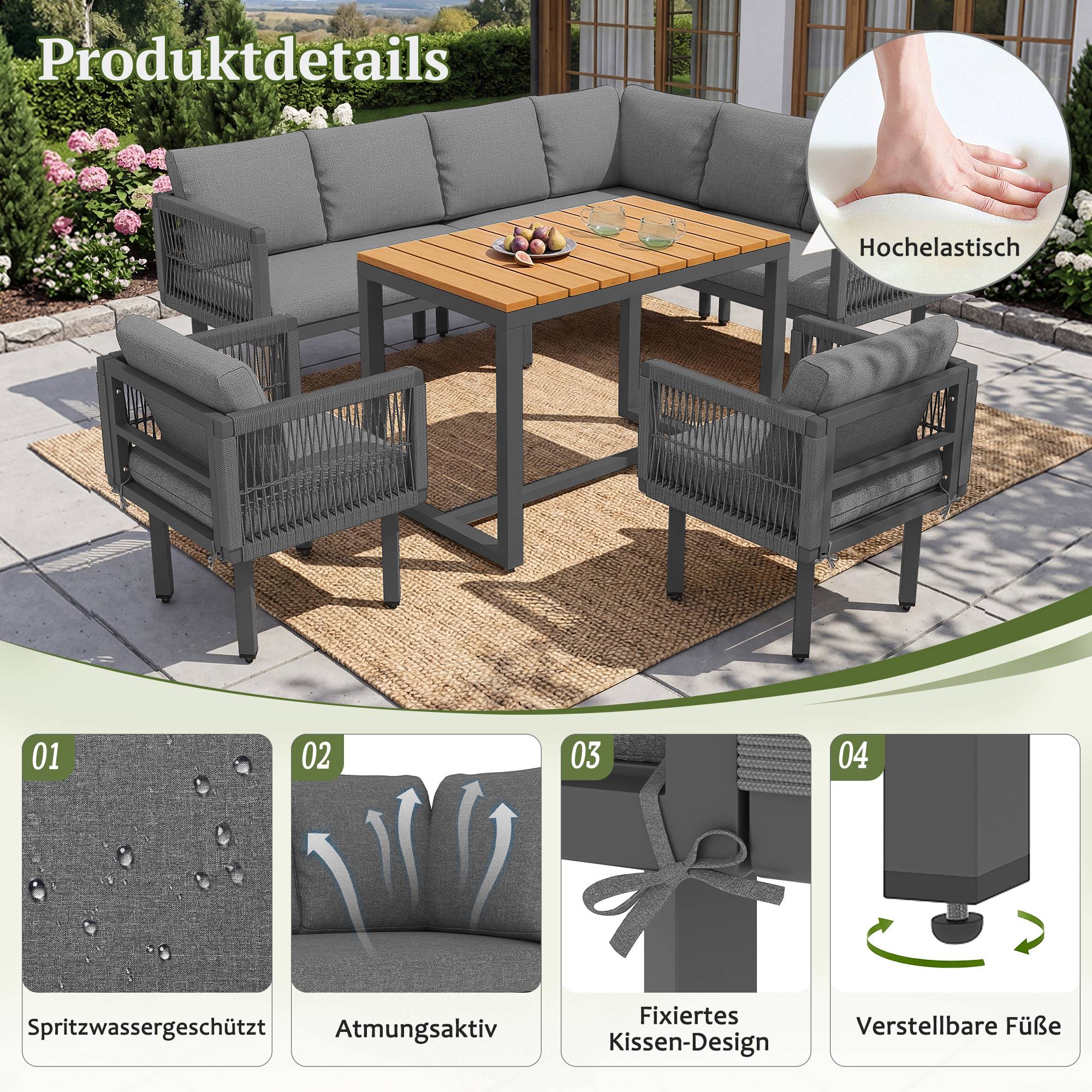 ComfortXL - Salon de jardin d’angle 6 pièces acier bois composite terrasse coussins gris - ComfortXL Outdoor Living - Image 4