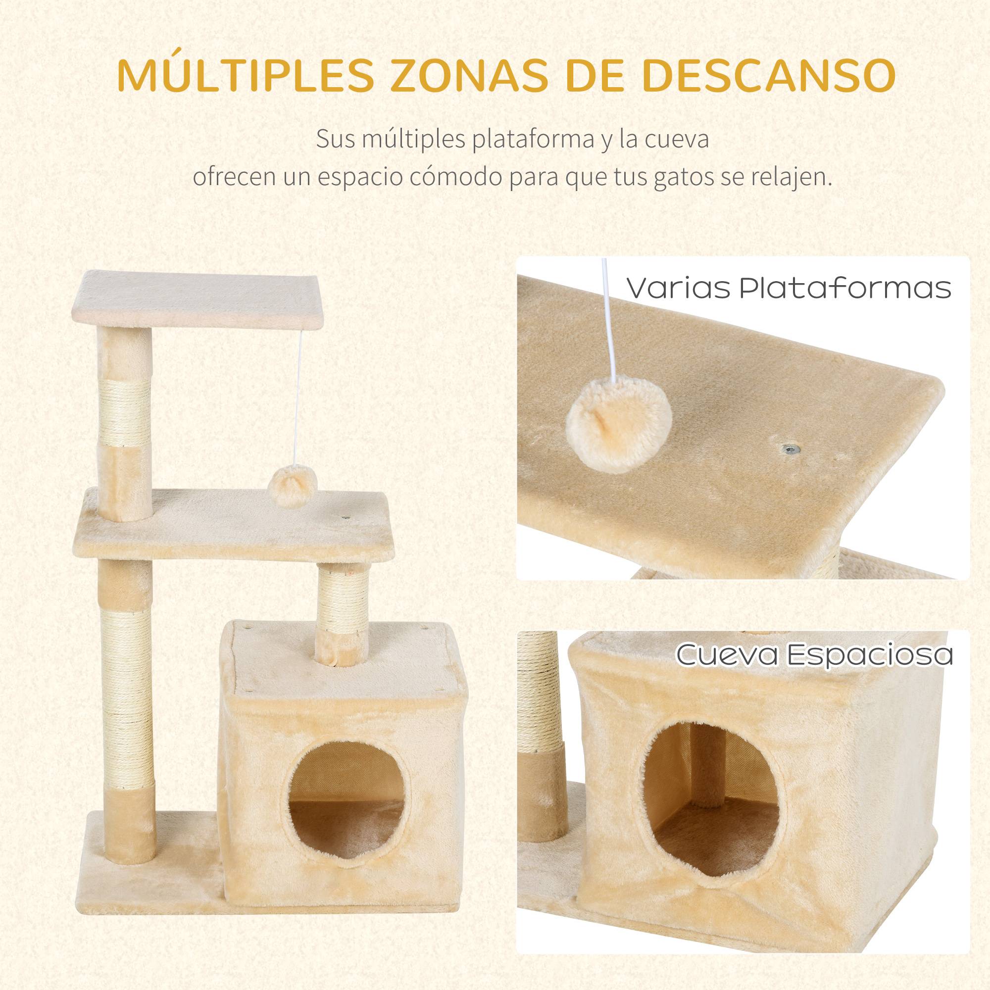 Arbre à chat 81,5 cm avec poteaux en sisal, 2 plateformes, grotte et balle suspendue, style élégant 50 x 30 x 81,5 cm beige - Image 8
