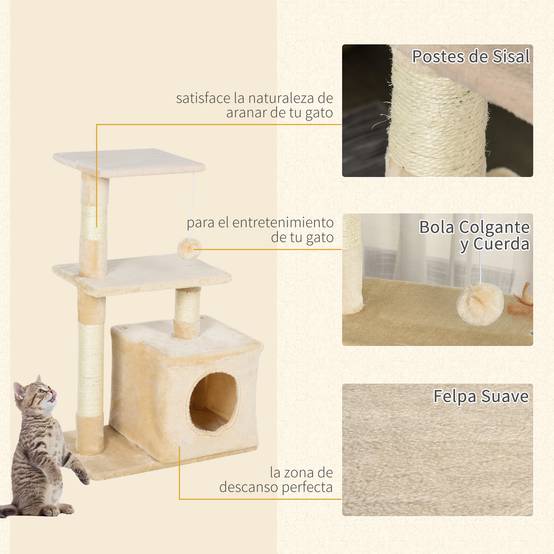 Arbre à chat 81,5 cm avec poteaux en sisal, 2 plateformes, grotte et balle suspendue, style élégant 50 x 30 x 81,5 cm beige - Image 7