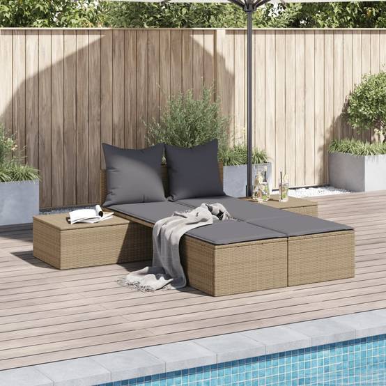 Chaise Longue Double Table Intégrée Résine Tressée Beige – ComfortXL Outdoor Living - Image 1