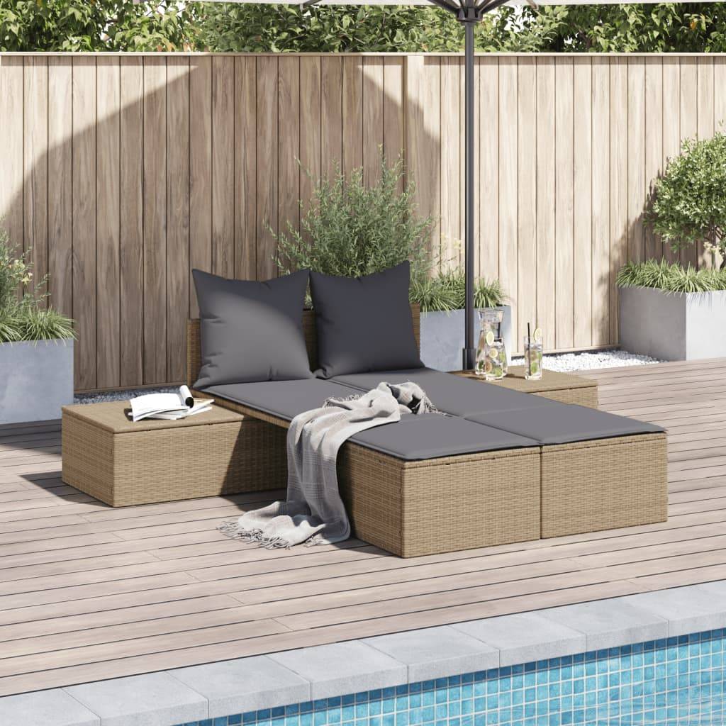 Chaise Longue Double Table Intégrée Résine Tressée Beige – ComfortXL Outdoor Living - Image 1