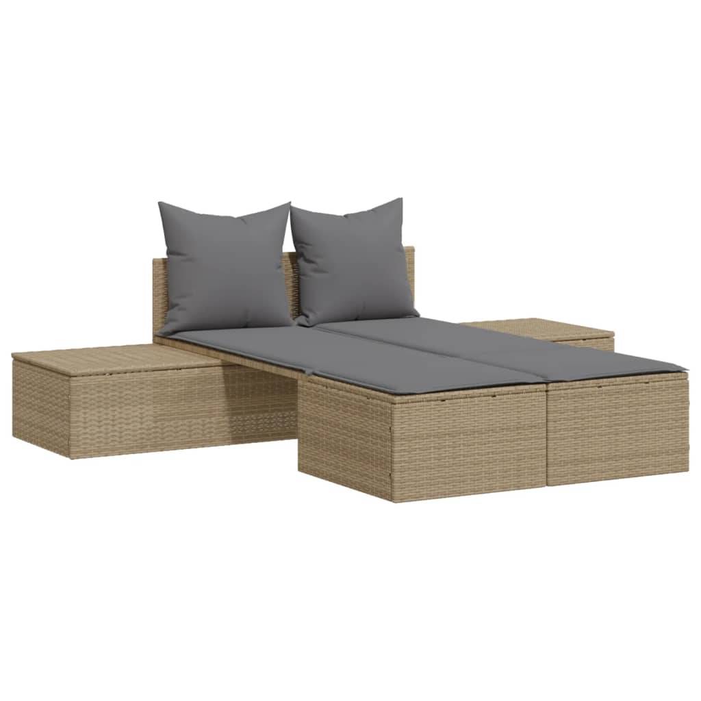 Chaise Longue Double Table Intégrée Résine Tressée Beige – ComfortXL Outdoor Living - Image 2
