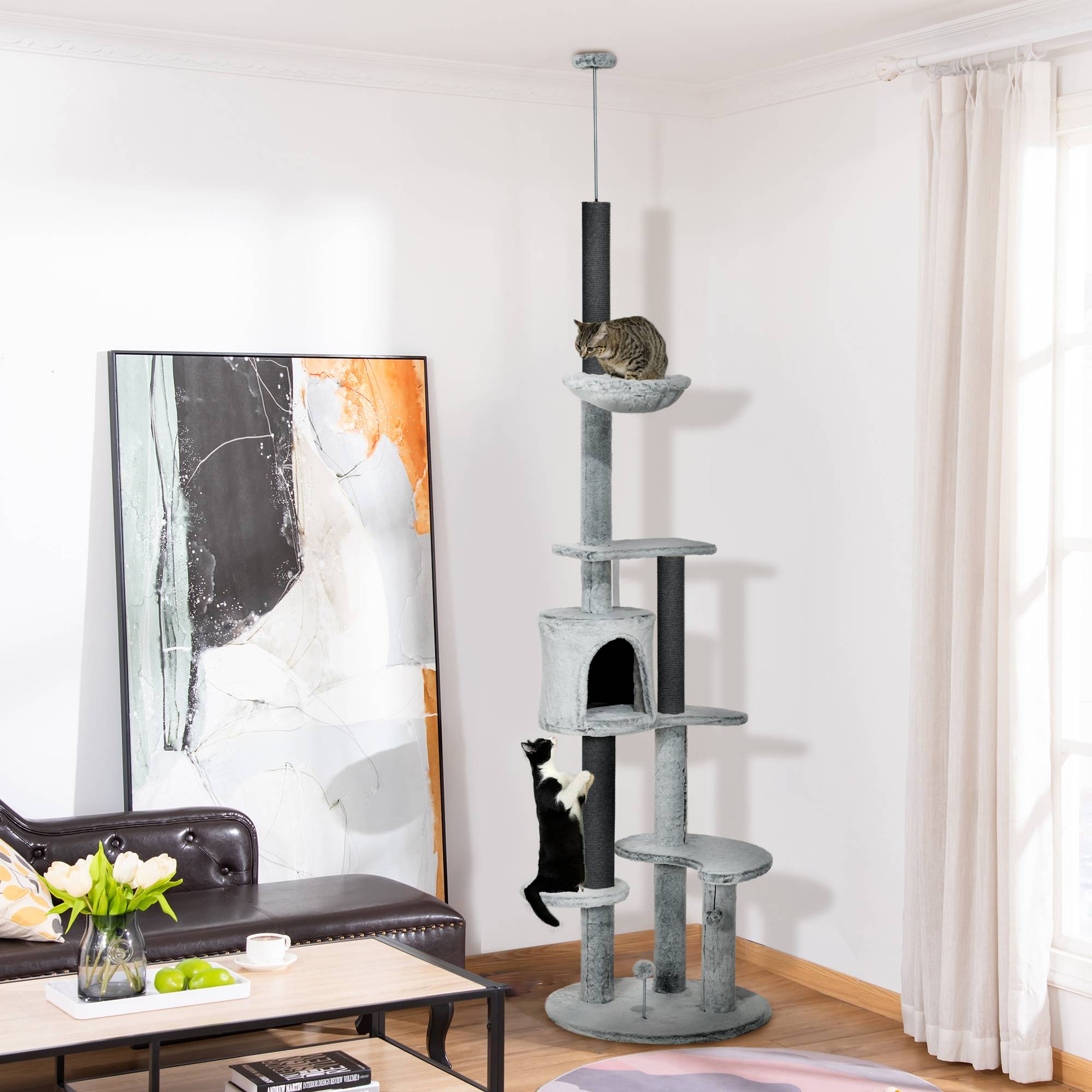 Arbre à chat plafond, hamac, maison, plateformes, balle, 225-255cm, gris - Image 3