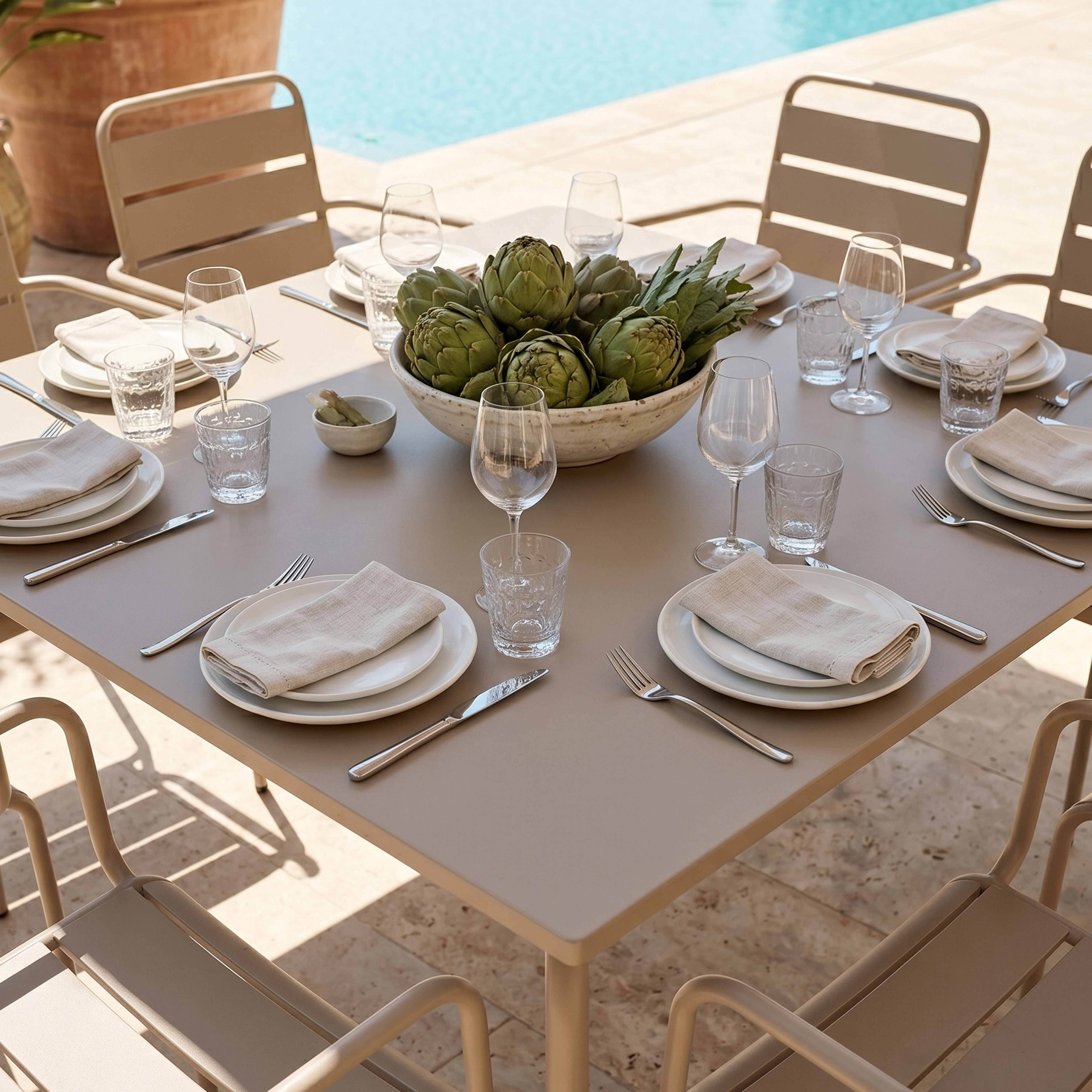 Oviala - Ensemble table de jardin carrée et 8 fauteuils en métal taupe Palavas - Oviala - Image 3