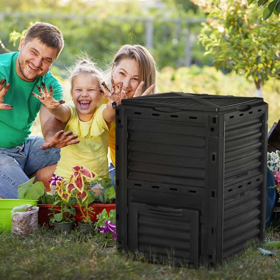 ComfortXL - Composteur de jardin 300 L en polypropylène noir 60,5 x 60,5 x 81,5 cm avec couvercle et aérations latérales - Image 1
