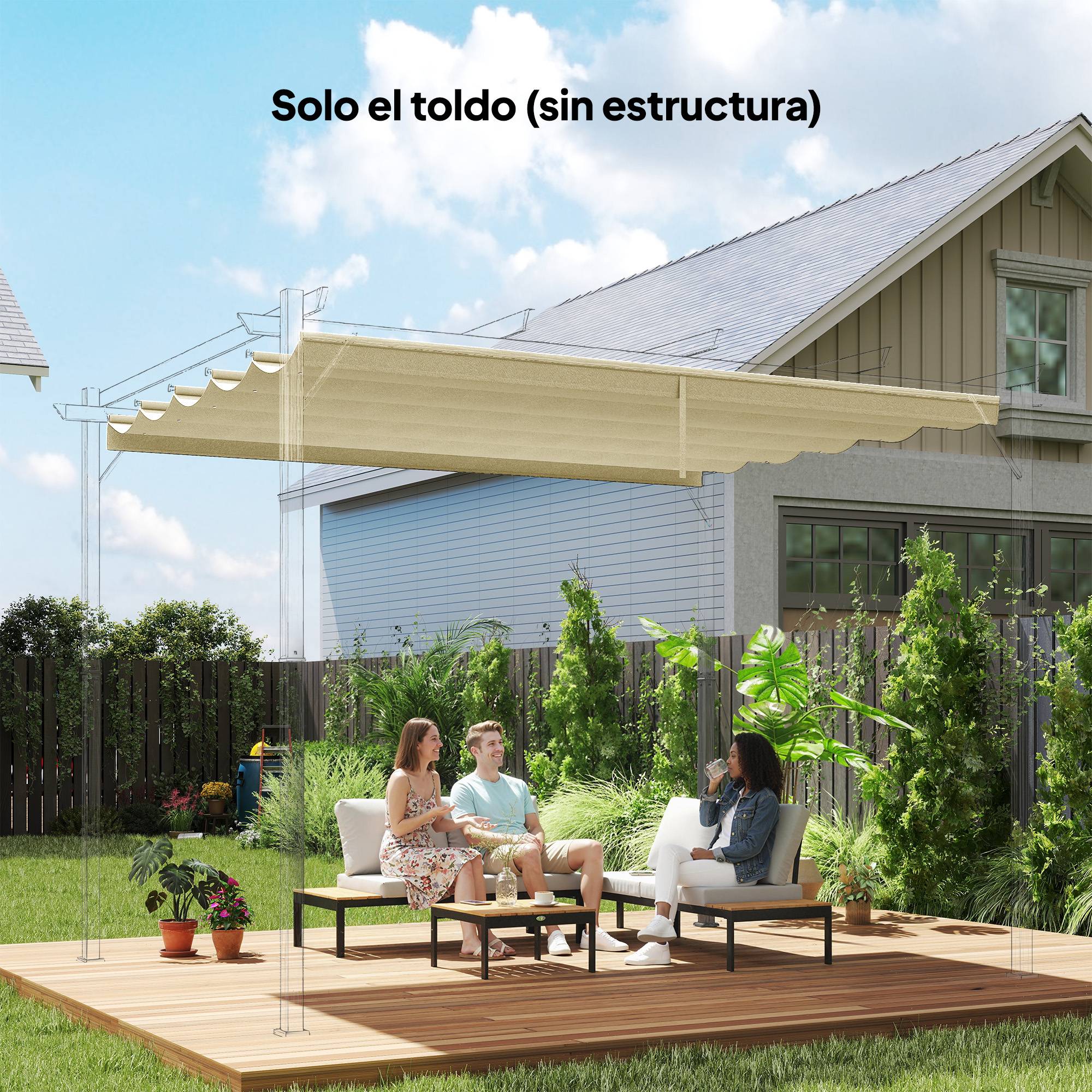 Toile de Remplacement Pergola 4x3m Polyester Rétractable Anti-UV avec Drainage 350x260 cm Crème - ComfortXL Outdoor Living - Image 3