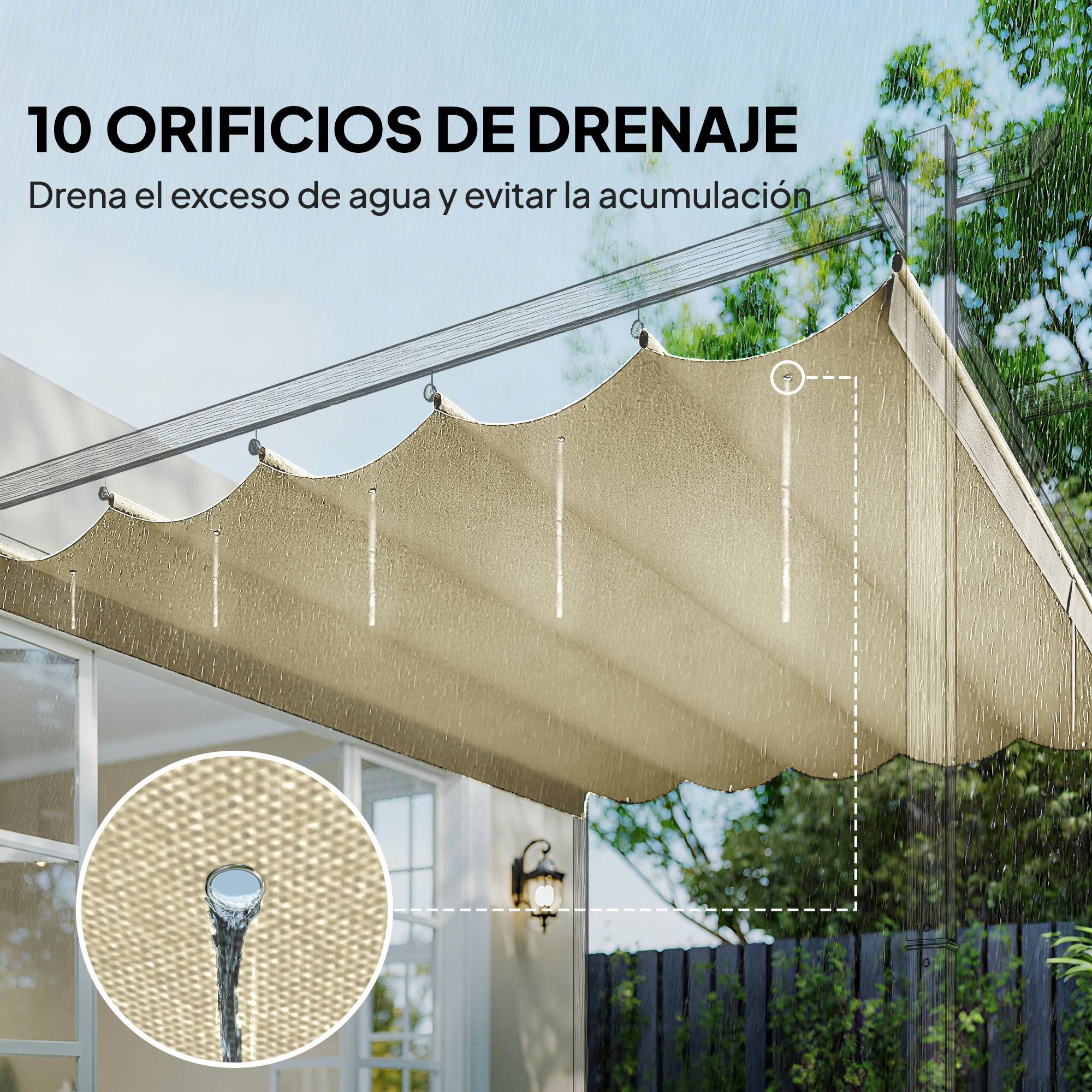 Toile de Remplacement Pergola 4x3m Polyester Rétractable Anti-UV avec Drainage 350x260 cm Crème - ComfortXL Outdoor Living - Image 8